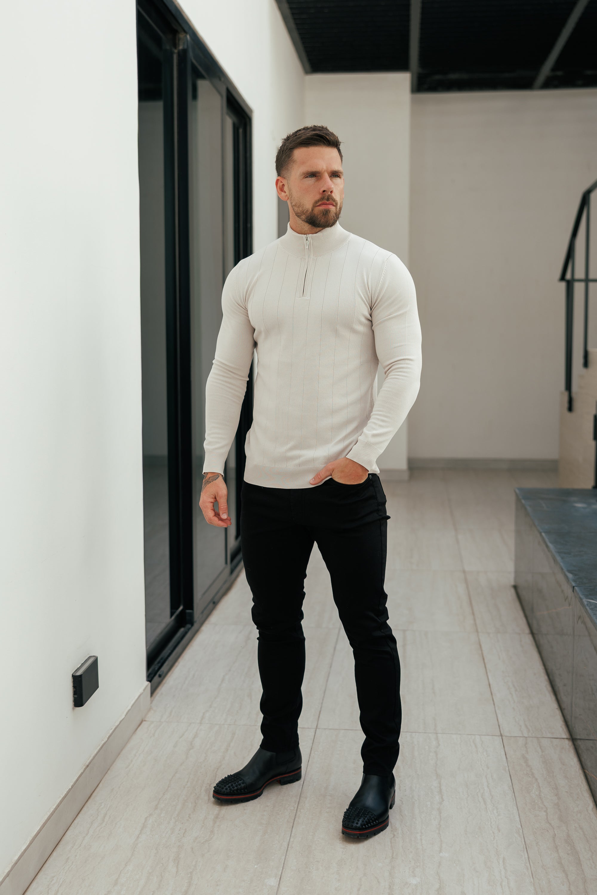 Self Stripe 1/4 Zip Funnel Neck Knit Jumper Cream Long Sleeve - FSR052
