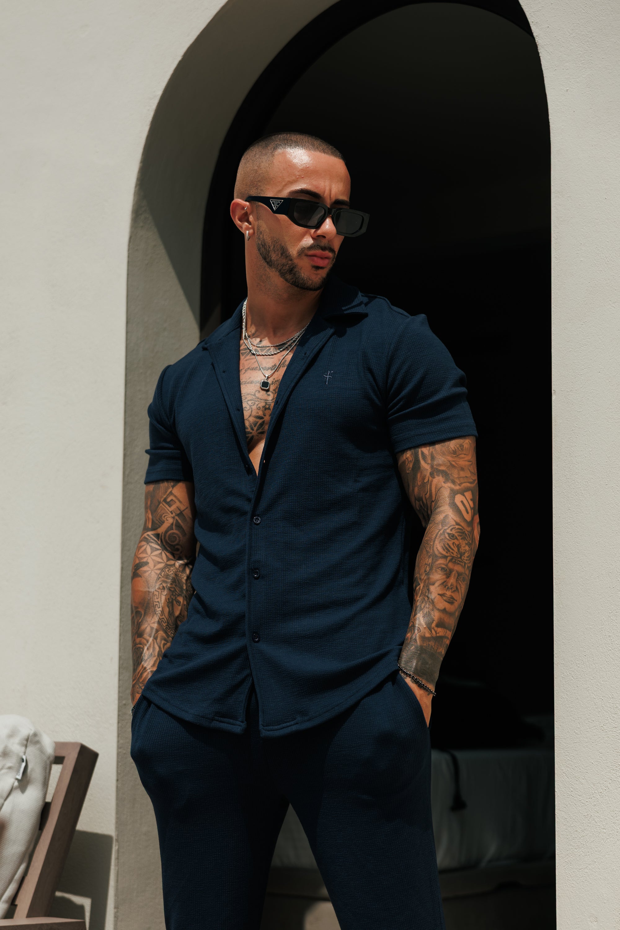 Jersey Cord Stretch Navy Revere Shirt Short Sleeve - FSR071 (PRE ORDER 18TH JULY)