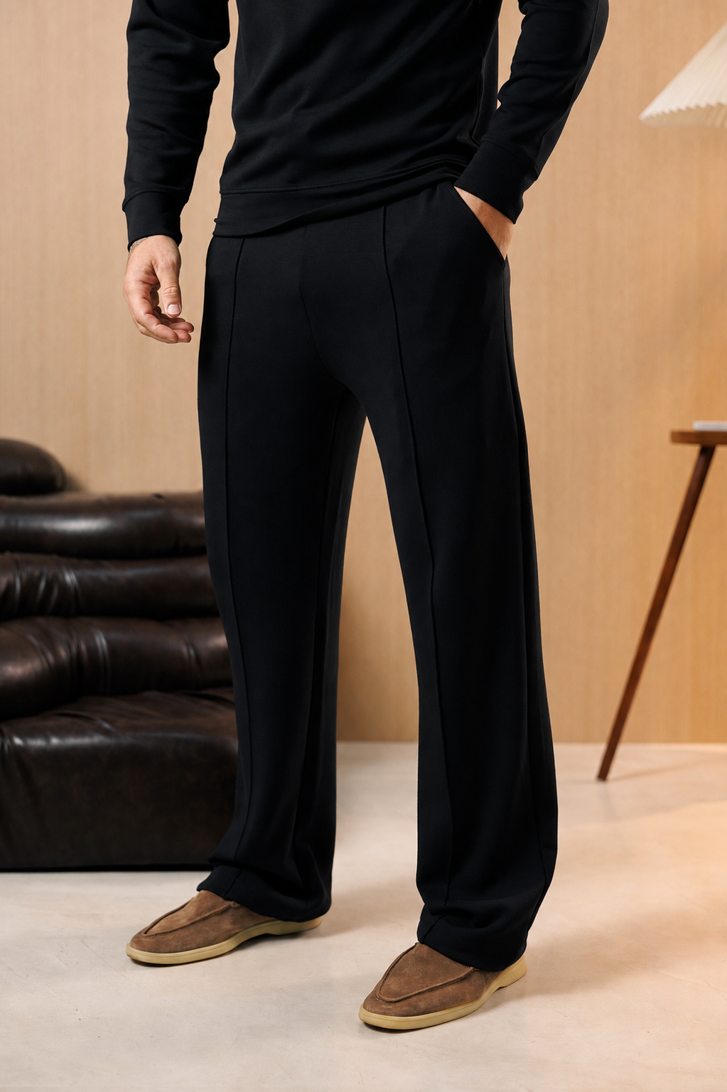 Black Wide Leg Relaxed Pintuck Modal Trousers With Drawstring Waistband - FSR116