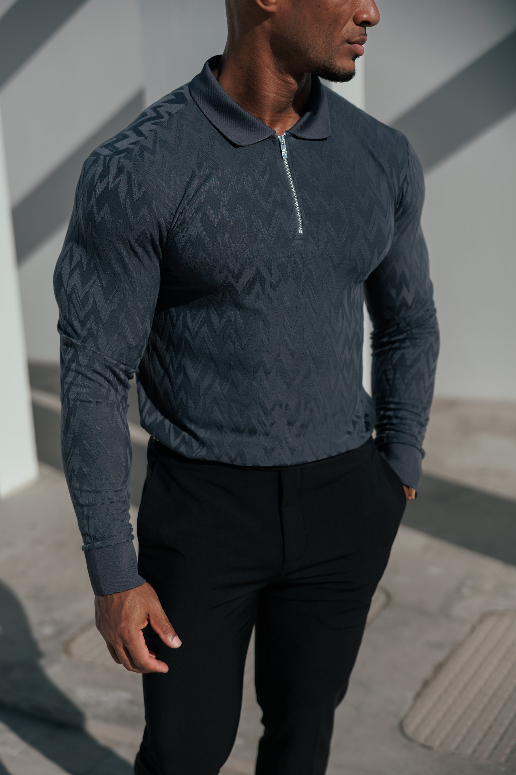 Classic Jacquard Charcoal Chevron Zipped Polo Long Sleeve - FSR044