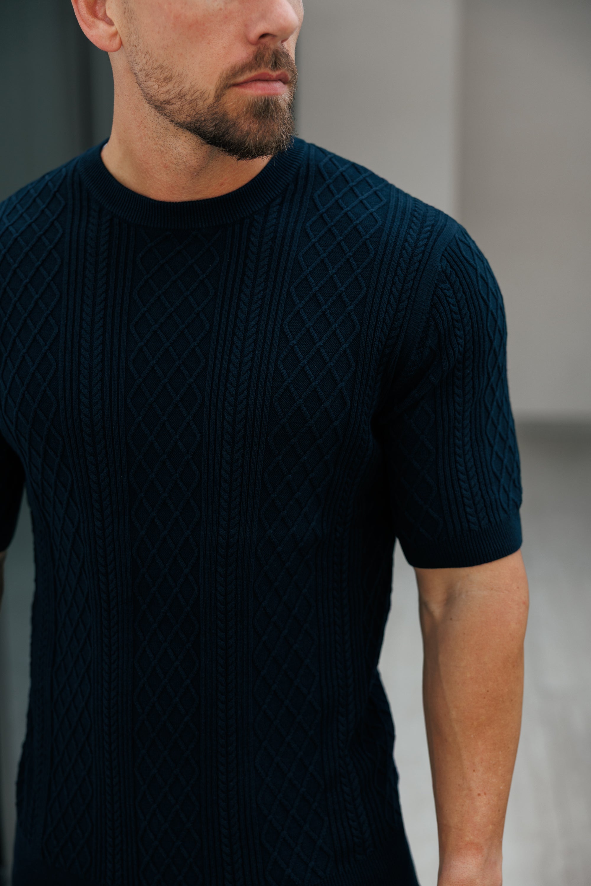 Fine Knit Diamond Navy Jumper Short Sleeve - FSA011