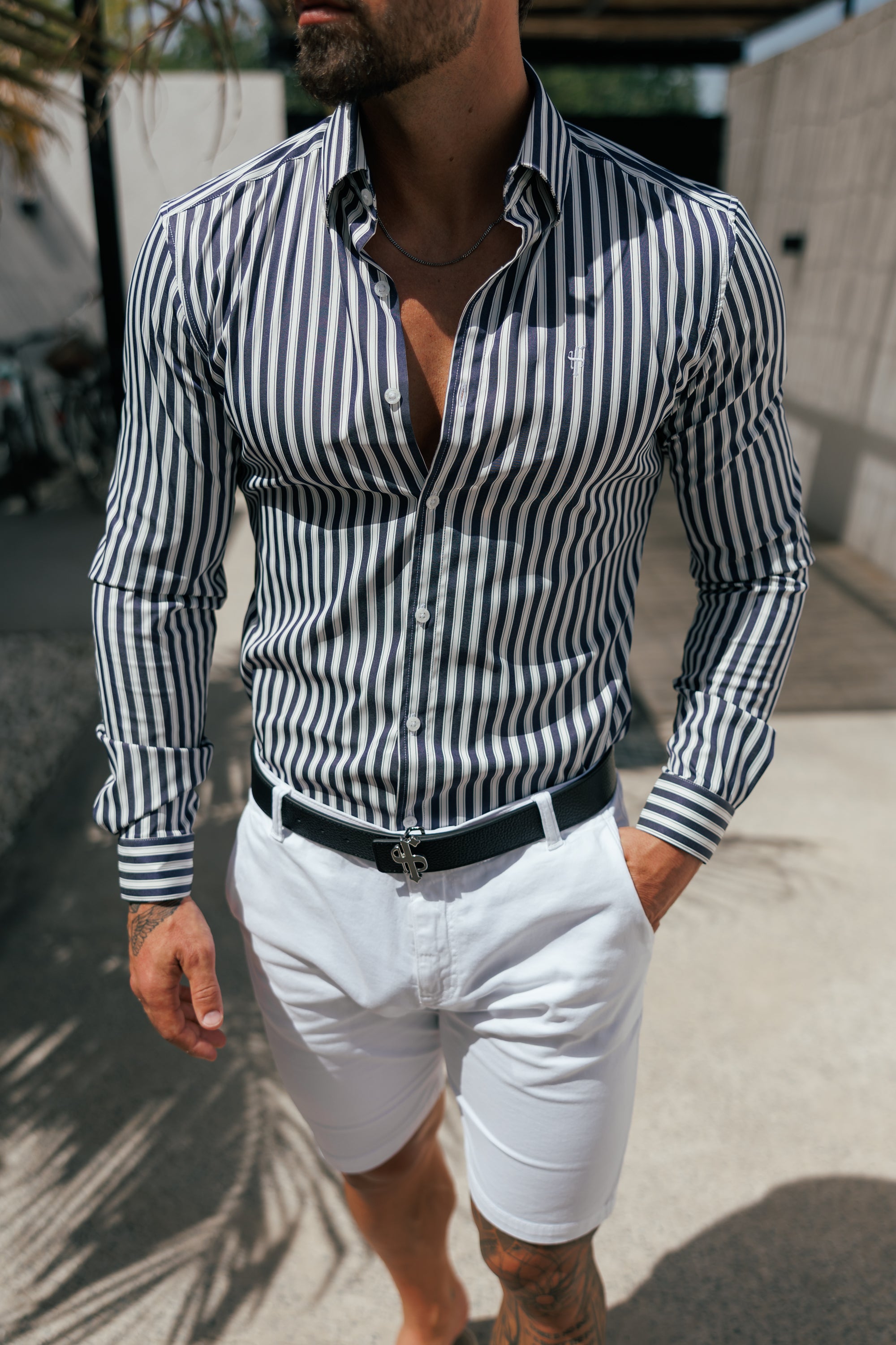 Super Slim Stretch Sateen Touch White / Navy Double Stripe Long Sleeve - FS1287 (PRE ORDER 28TH AUGUST)