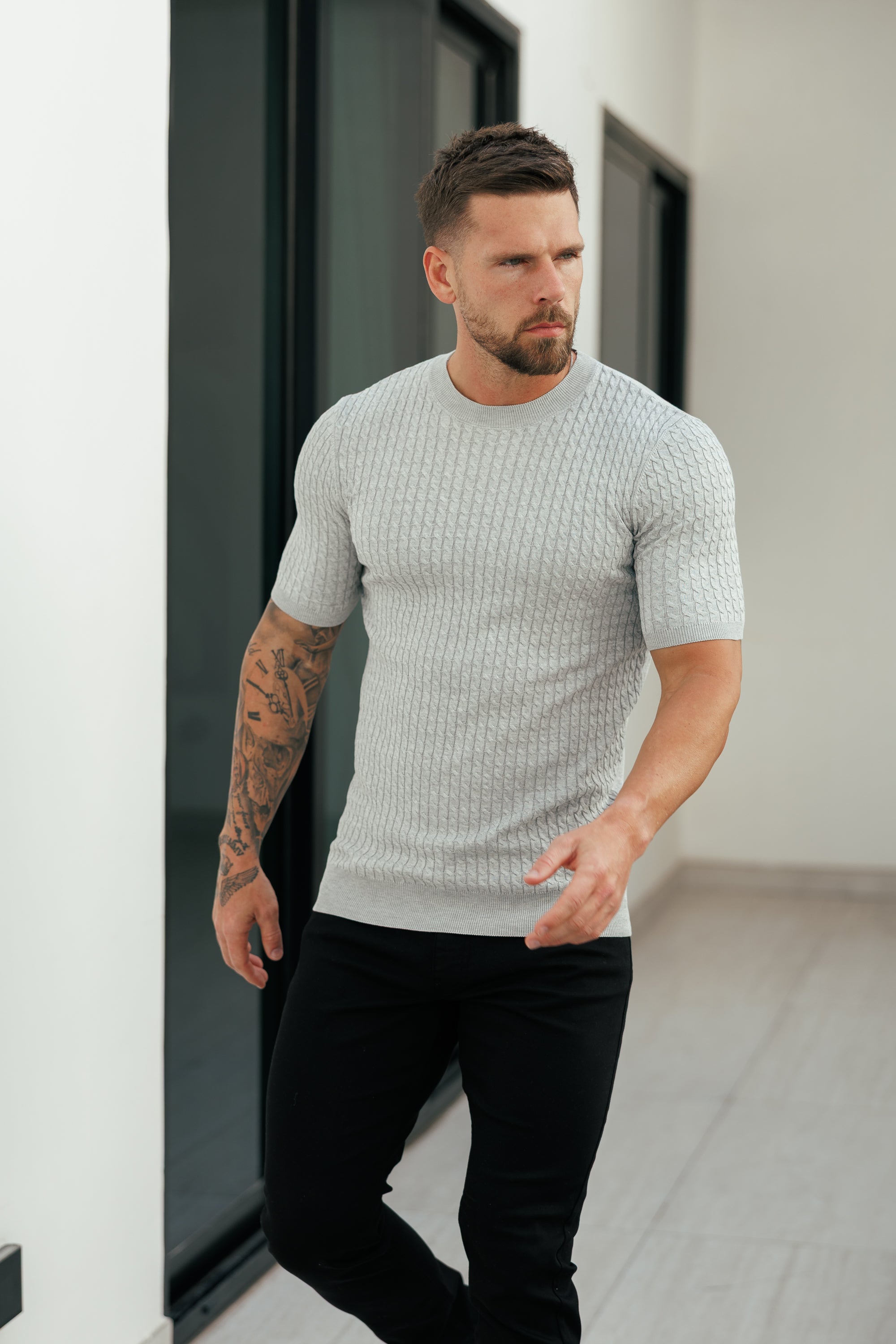 Front Chain Knit Crew Tshirt Silver Grey Short Sleeve - FSR056