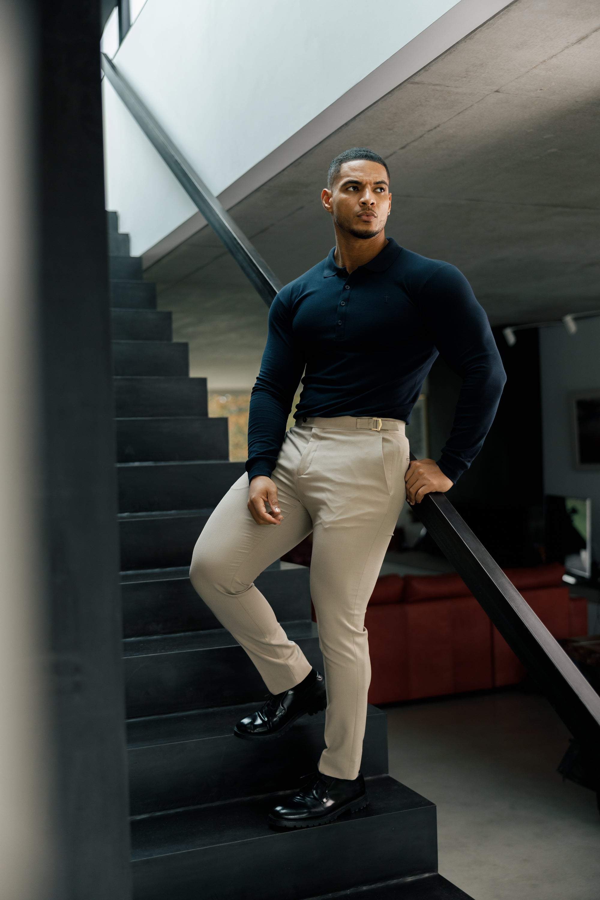Slim Formal Beige Stretch Trousers With Gold Waist Adjusters - FST017