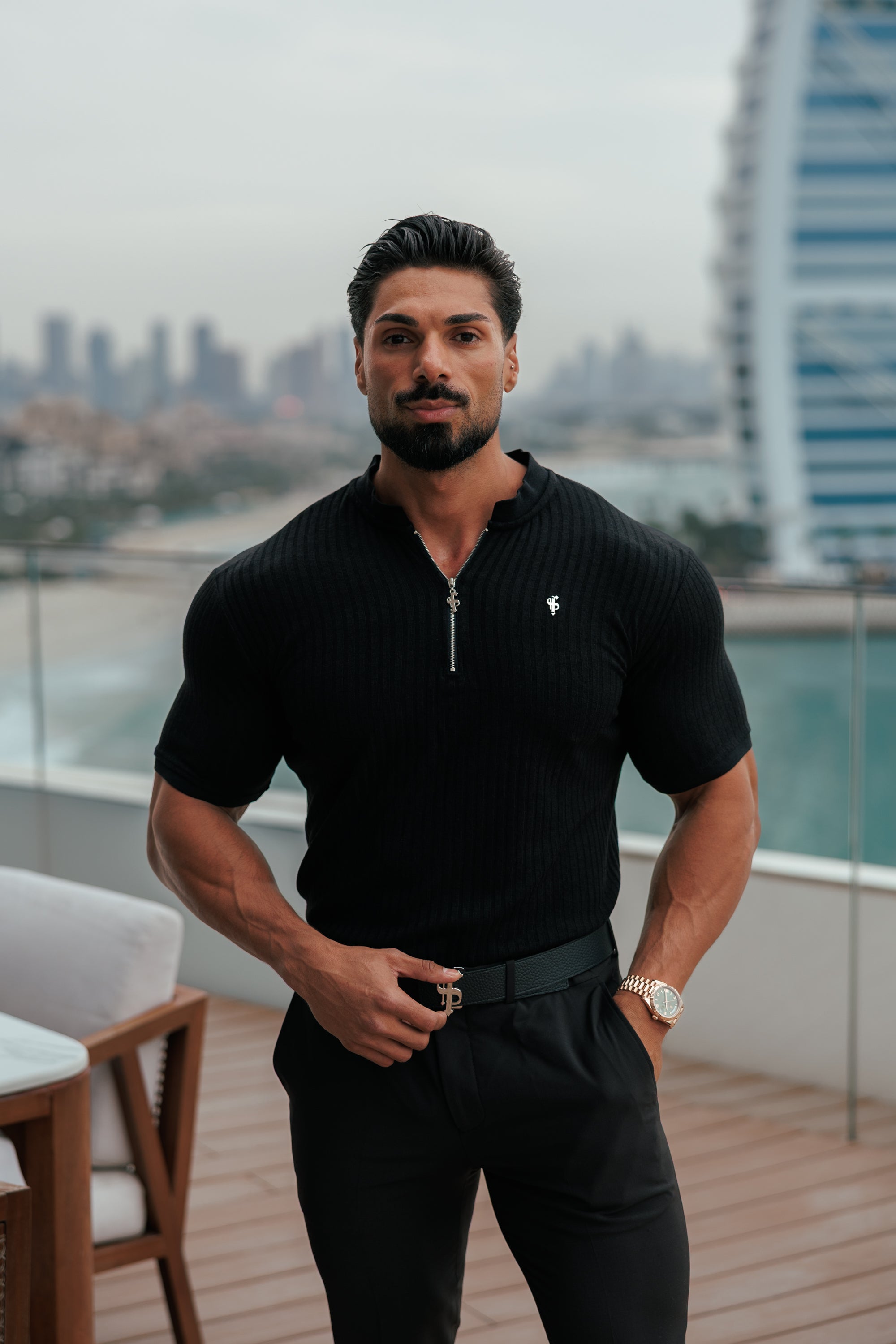 Super Slim Black / Silver Ribbed Zip Grandad Collar Shirt Short Sleeve - FSH1445