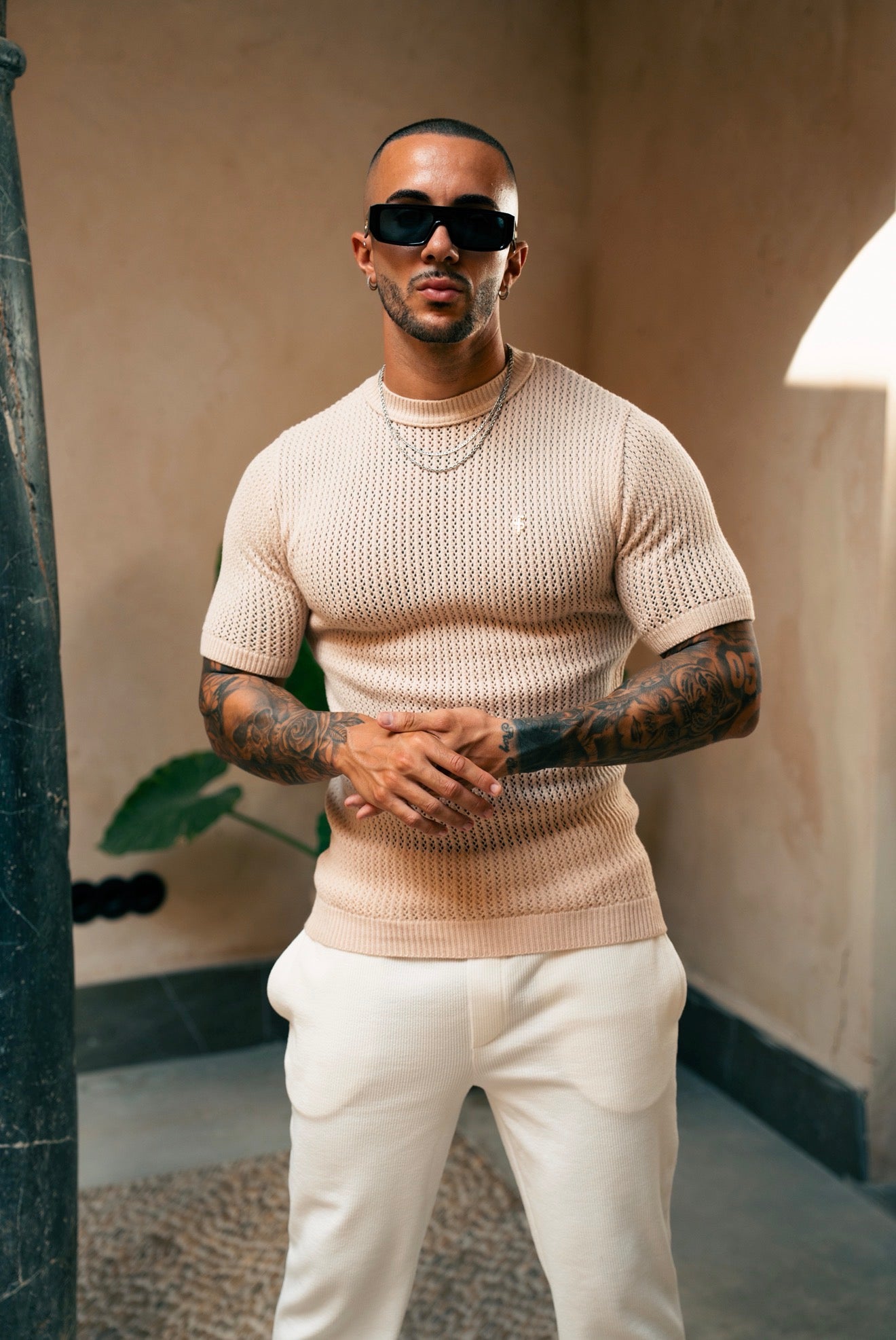 Beige Viscose Plain Knitted Short Sleeve T-Shirt - FSJ186 (PRE ORDER 12TH AUGUST)