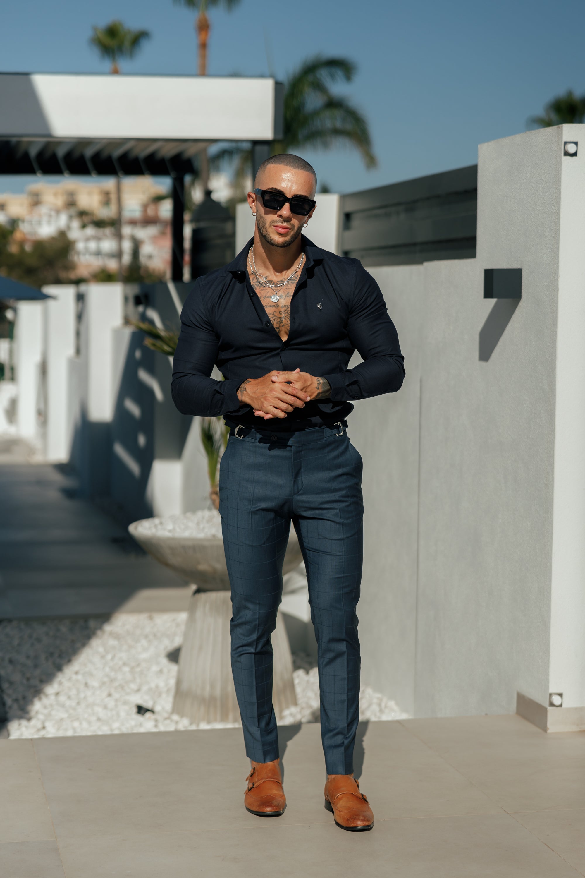 Slim Formal Navy Self Check Stretch Trousers with Side Adjusters - FST030