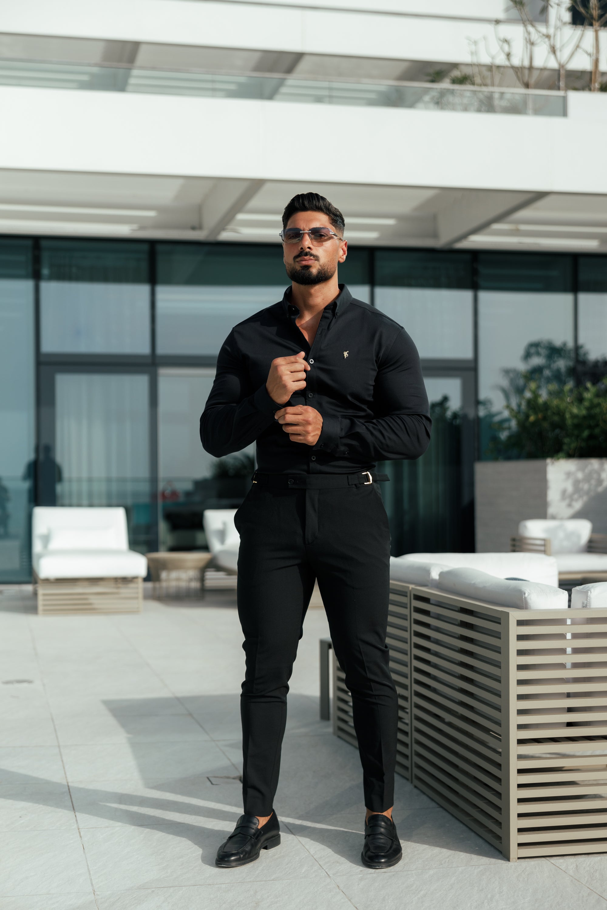 Slim Formal Black Stretch Trousers With Gold Waist Adjusters - FST018