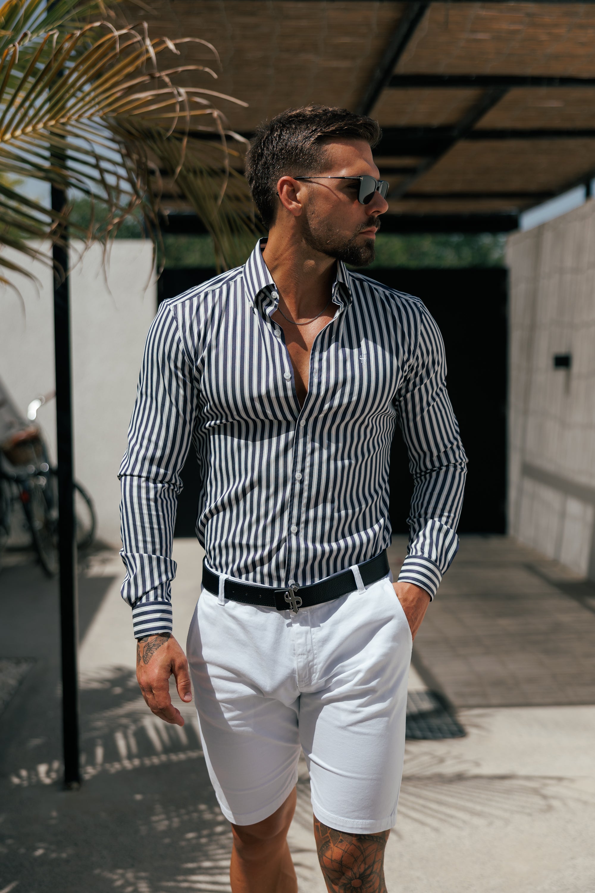 Super Slim Stretch Sateen Touch White / Navy Double Stripe Long Sleeve - FS1287 (PRE ORDER 28TH AUGUST)
