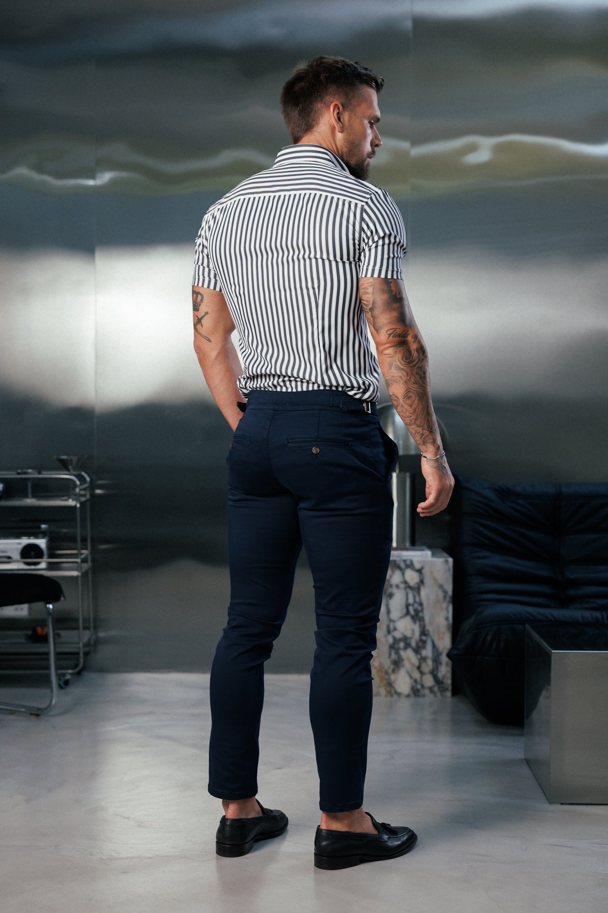 Super Slim Stretch Sateen Touch White / Navy Double Stripe Short Sleeve - FS1288