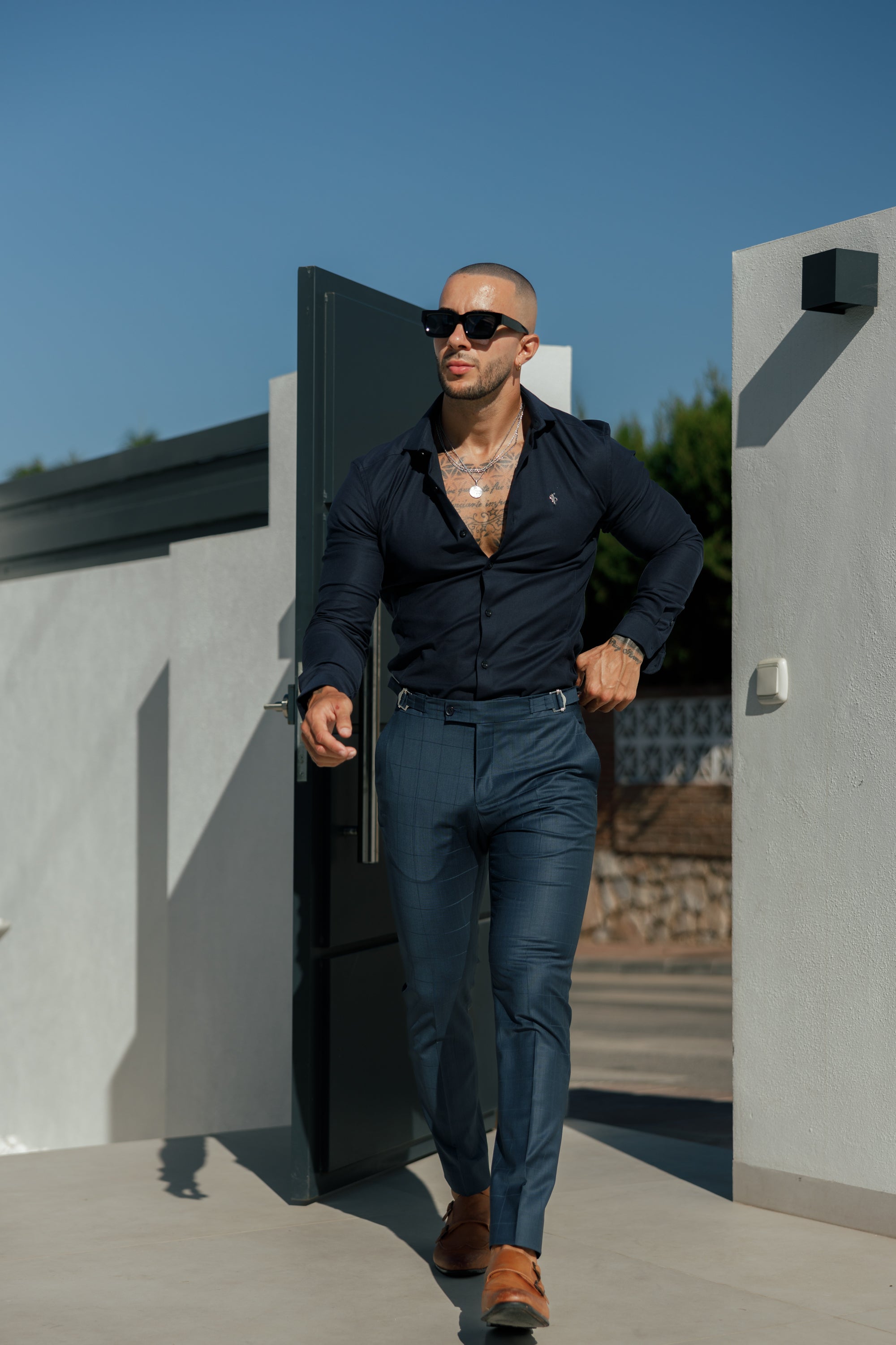 Slim Formal Navy Self Check Stretch Trousers with Side Adjusters - FST030