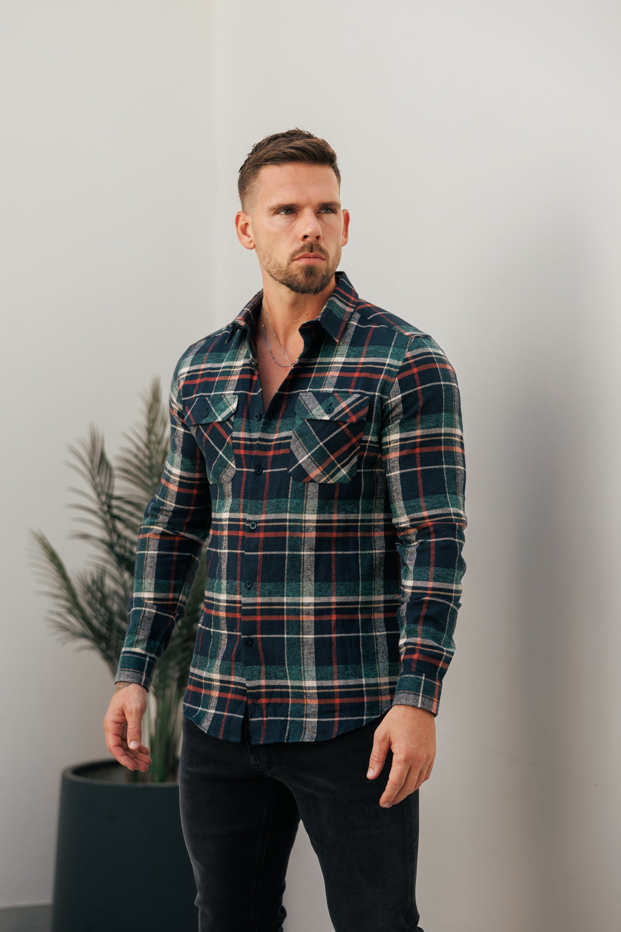 Navy / Green / Rust Check Shacket With Double Pockets - FS1198