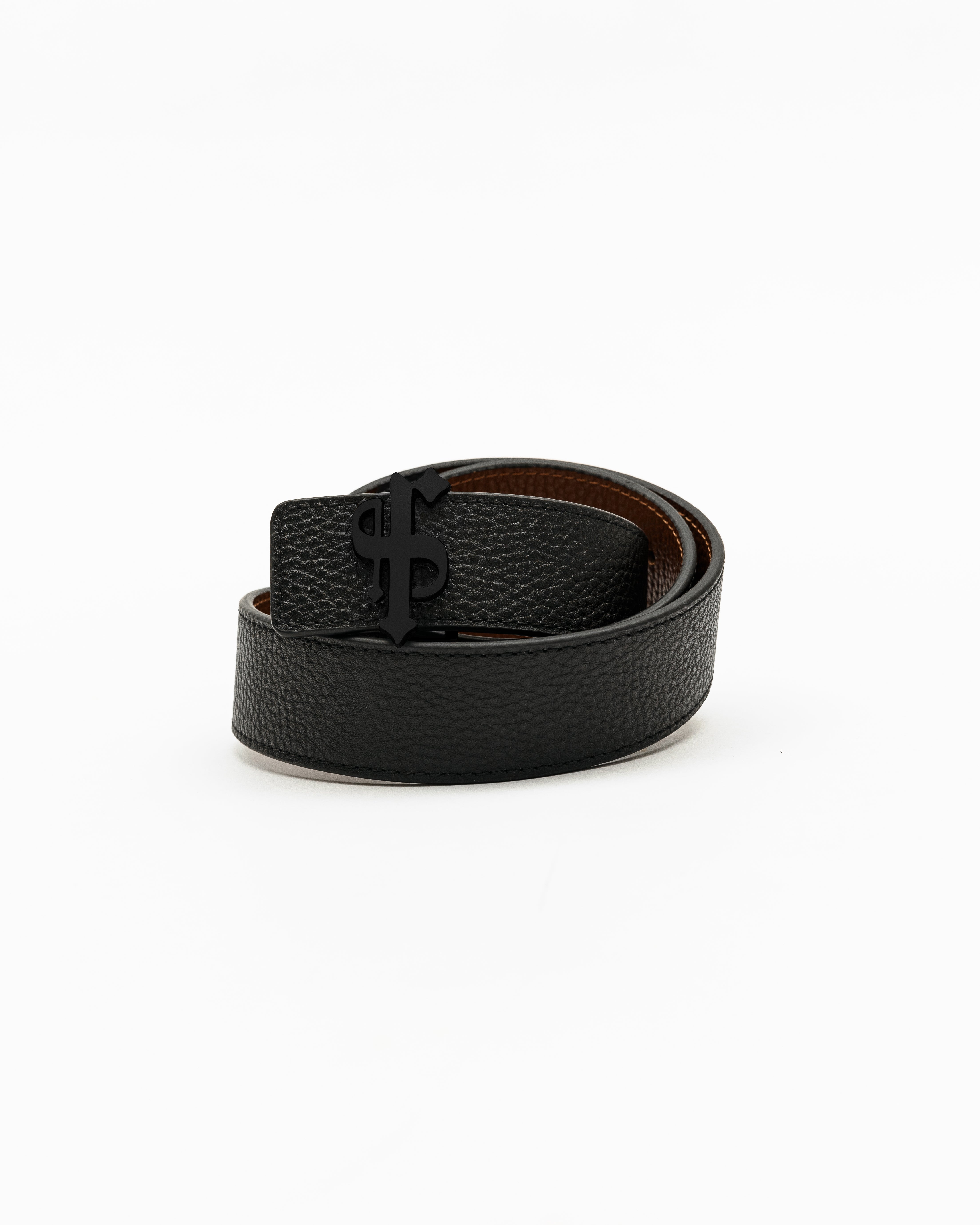 Black / Tan Leather Reversible Belt with Gold FS Buckle - FSBELT001