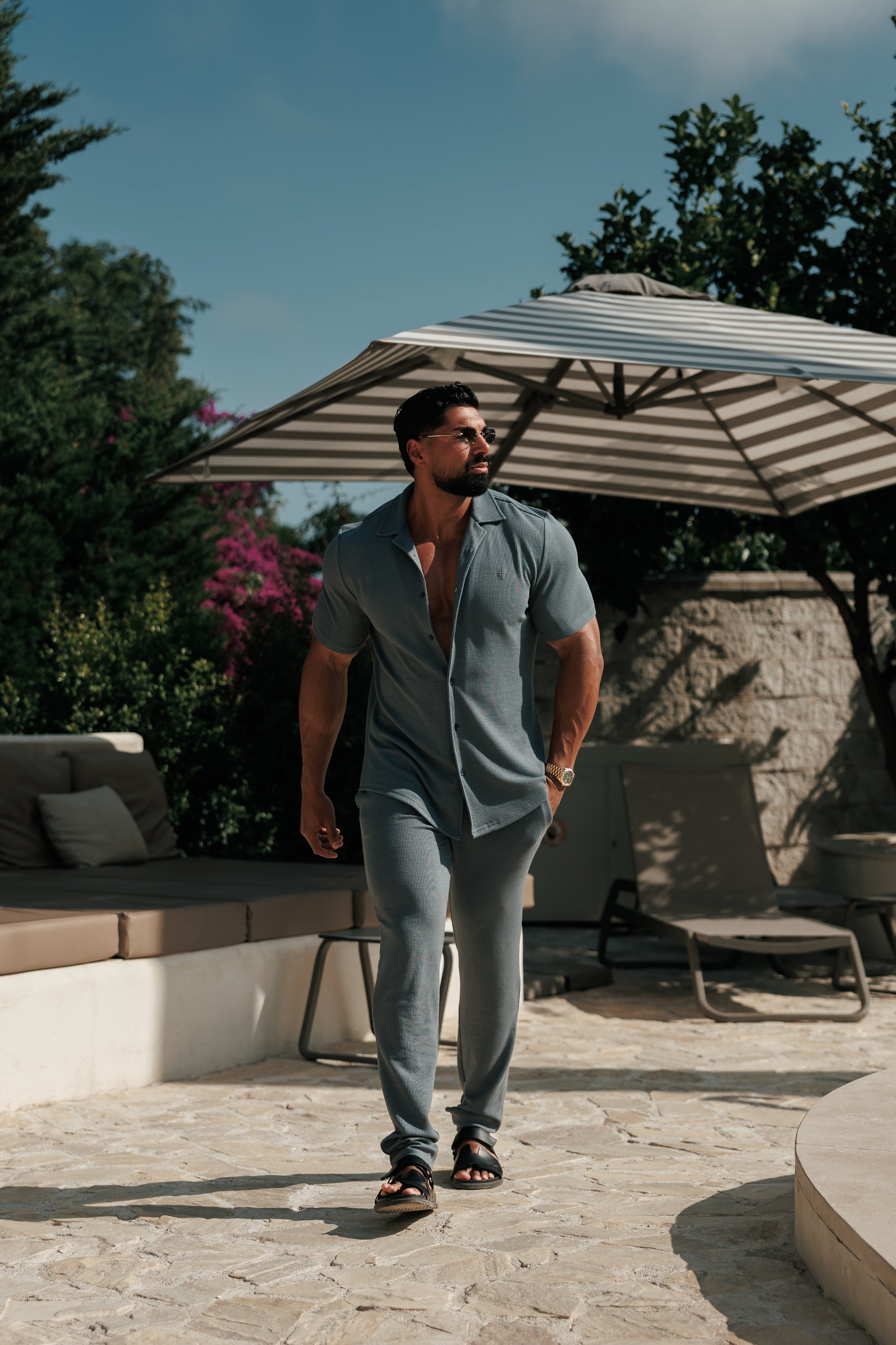 Jersey Cord Stretch Gunmetal Revere Shirt Short Sleeve - FSR076 (PRE ORDER 27TH JULY)