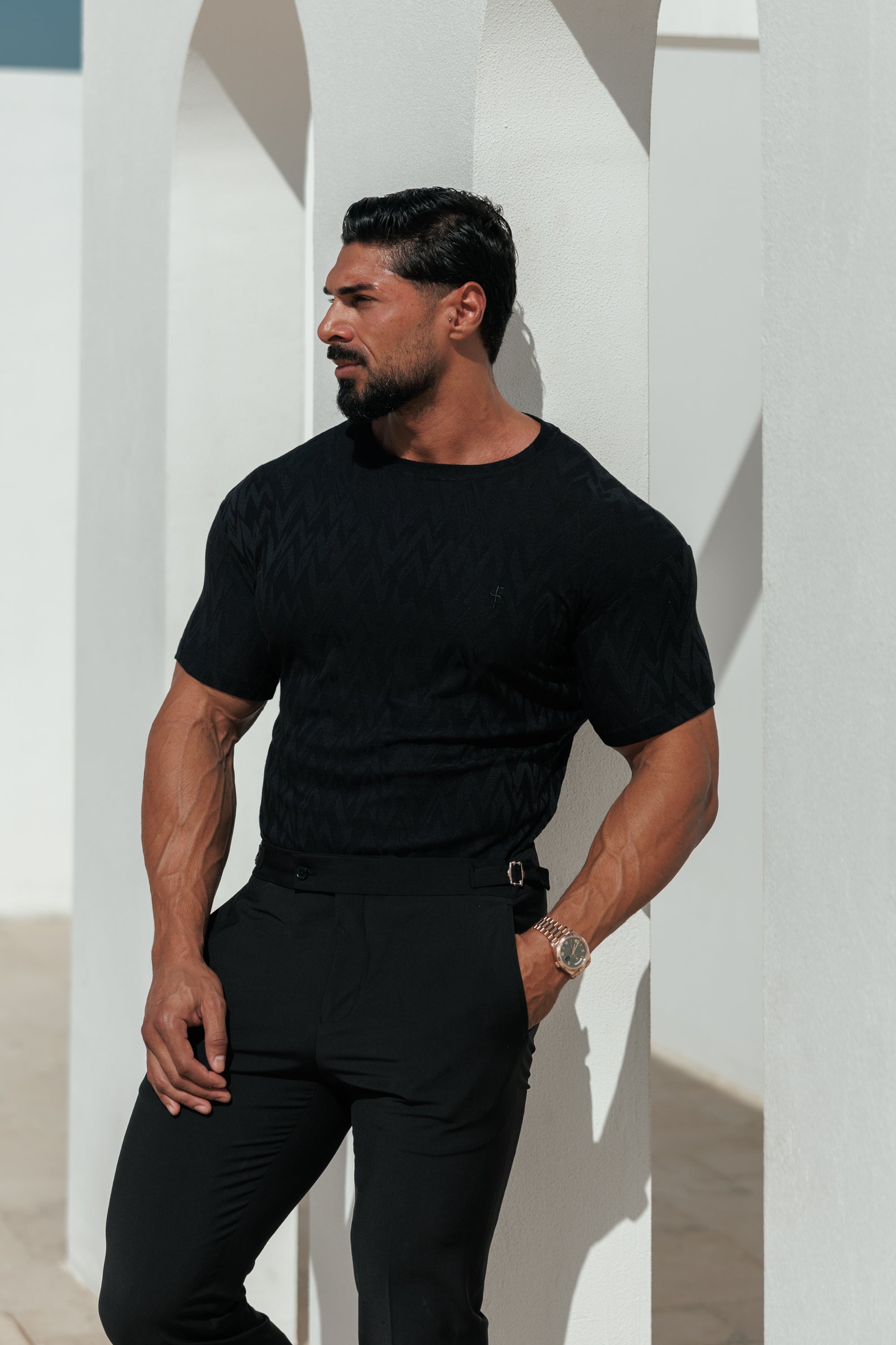 Regular Fit Jacquard Black Chevron T-Shirt - FSR046 (PRE ORDER 15TH JUNE)