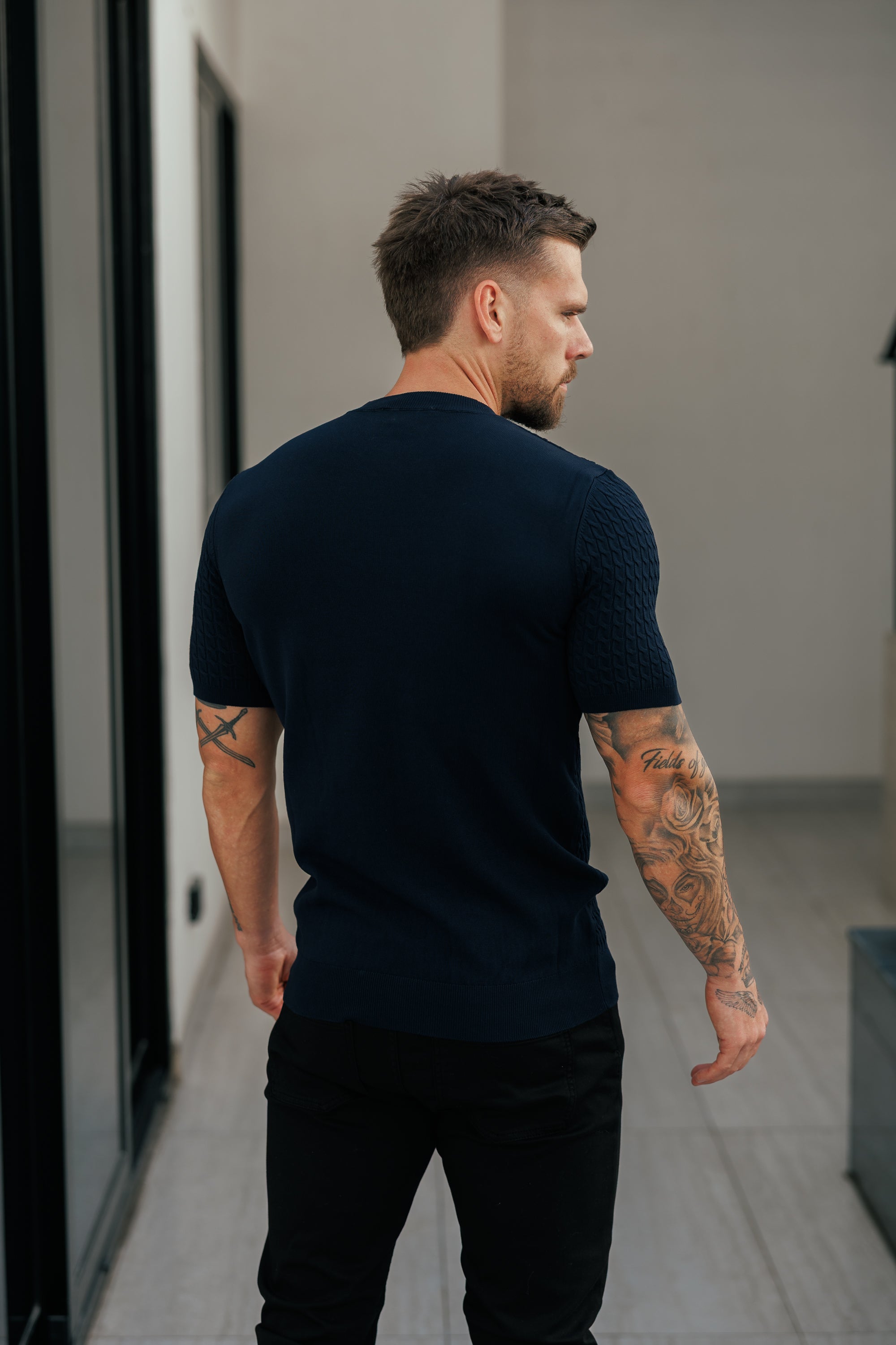 Front Chain Knit Crew Tshirt Navy Short Sleeve - FSR054