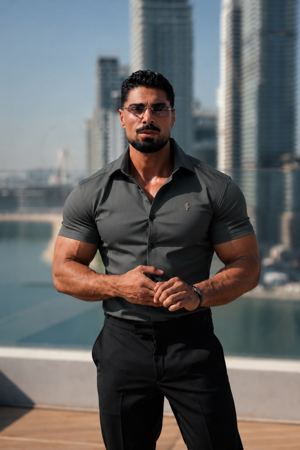 Super Slim Stretch Olive Denim Short Sleeve with Gold Metal Decal and Cutaway Collar - FS1324
