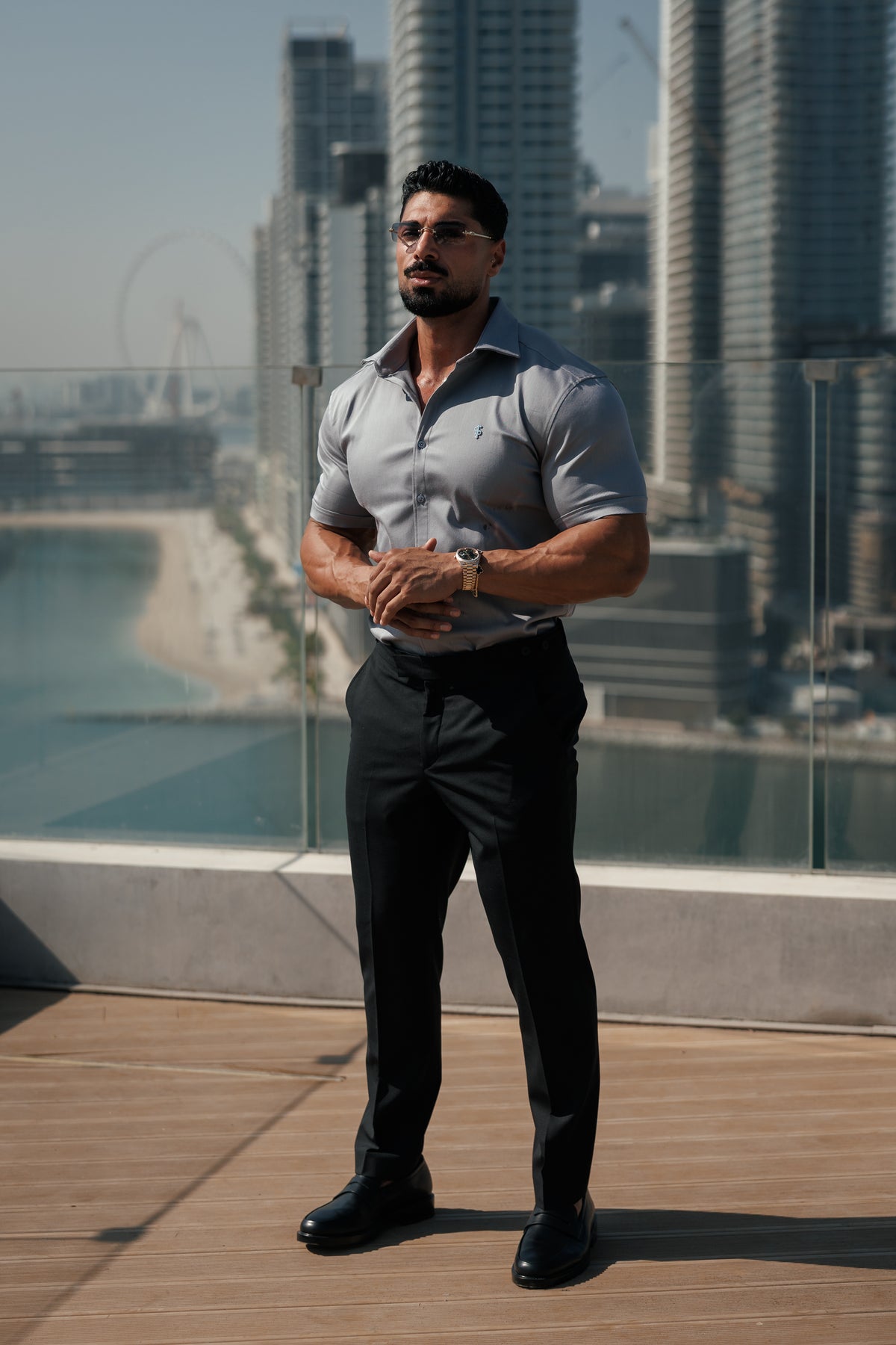 Super Slim Stretch Mid Grey Denim Short Sleeve with Silver Metal Decal and Cutaway Collar - FS1327