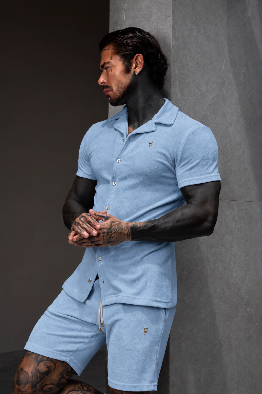 Light Blue Towelling Revere Shirt Short Sleeve - FSH1496