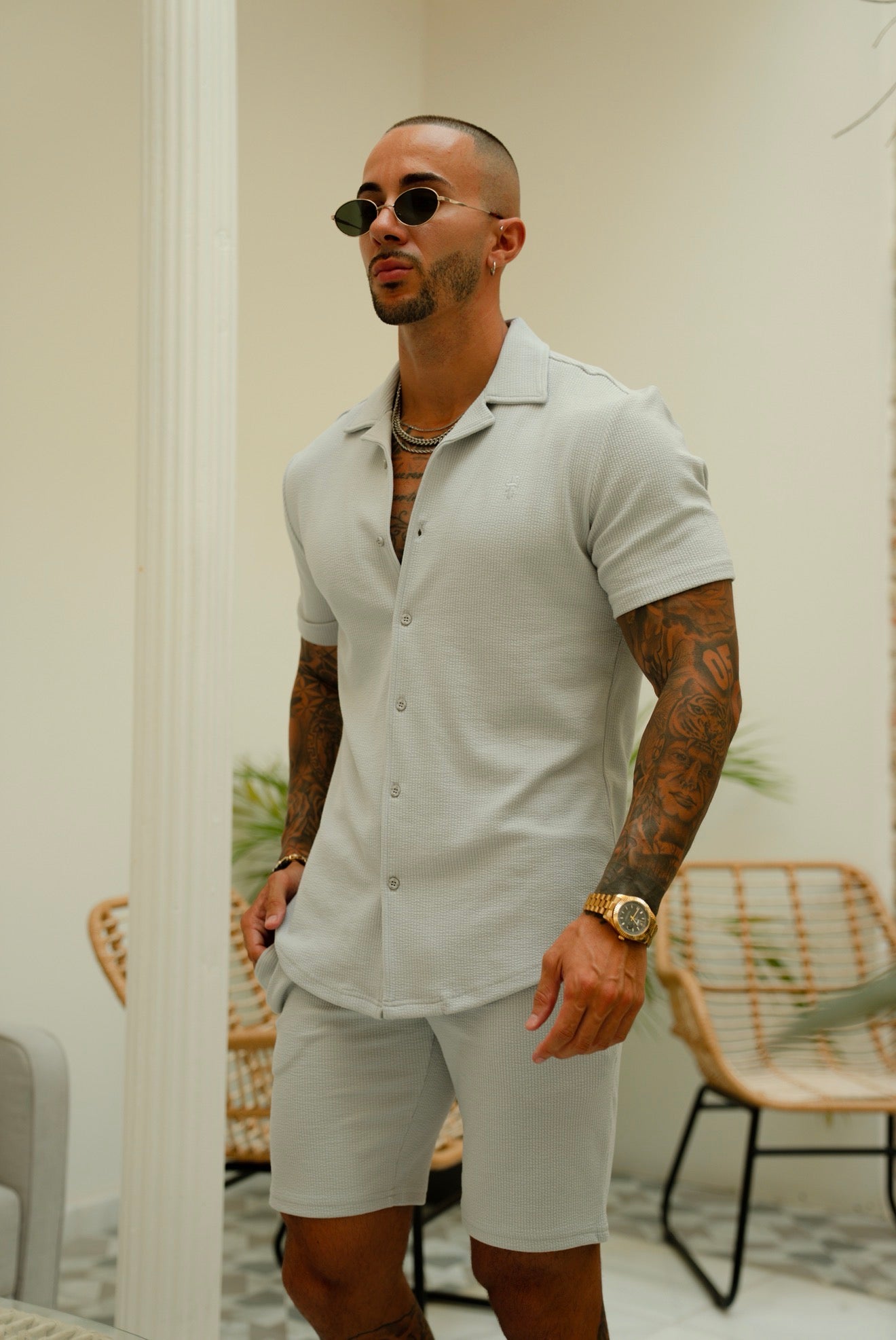 Jersey Cord Stretch Light Grey Revere Shirt Short Sleeve - FSR075