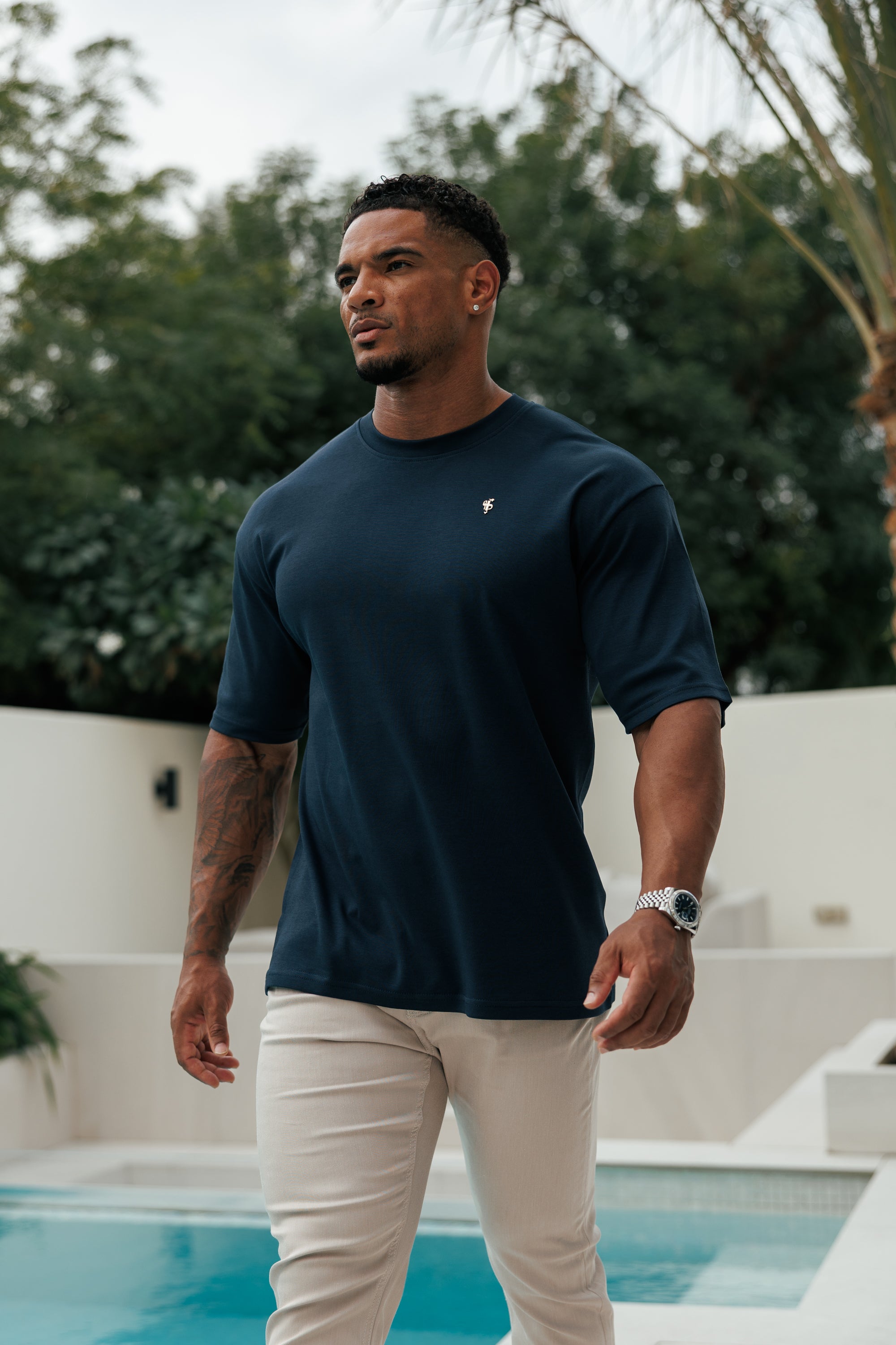 Navy / Gold Oversized Crew T Shirt - FSH1422