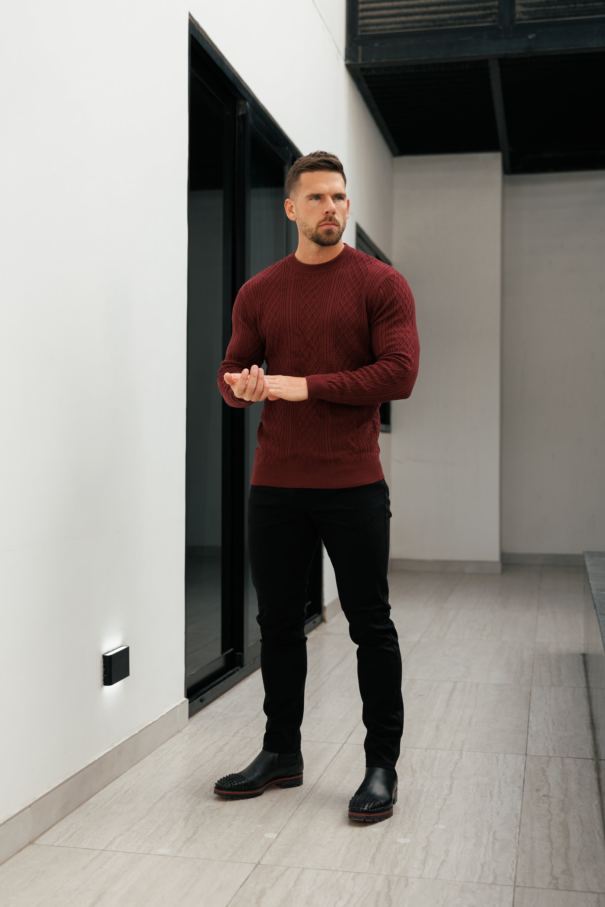 Fine Knit Diamond Burgundy Jumper Long Sleeve - FSA008