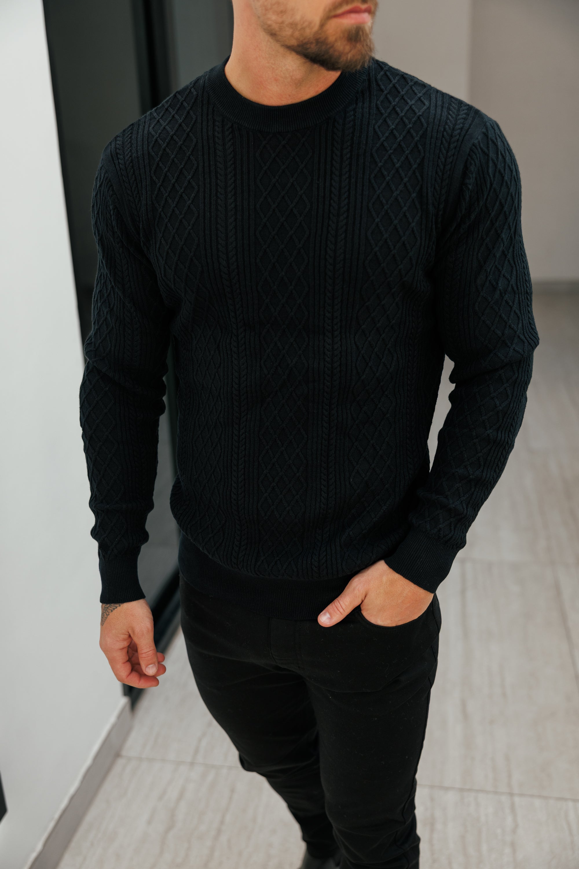 Fine Knit Diamond Black Jumper Long Sleeve - FSA006