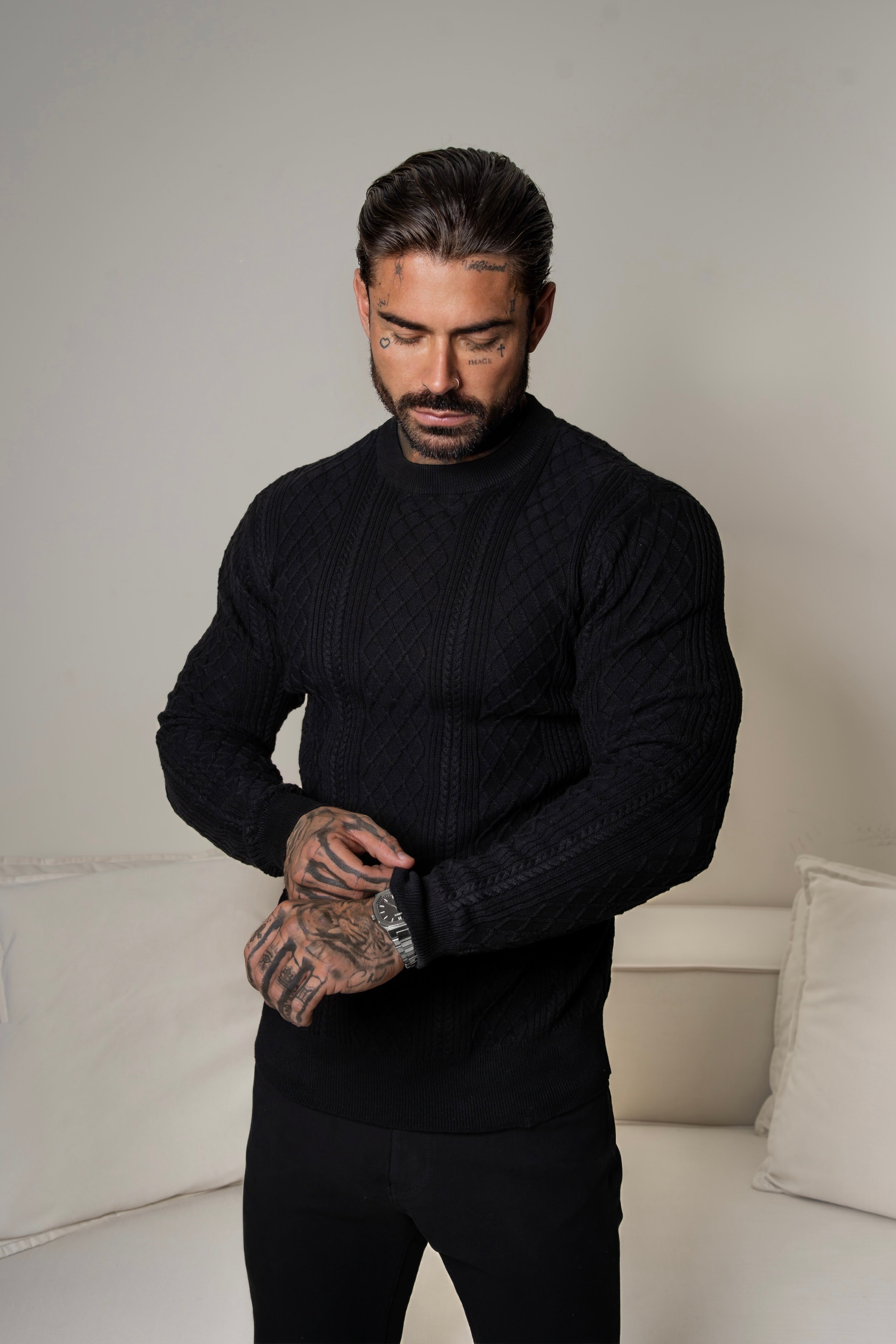 Fine Knit Diamond Black Jumper Long Sleeve - FSA006