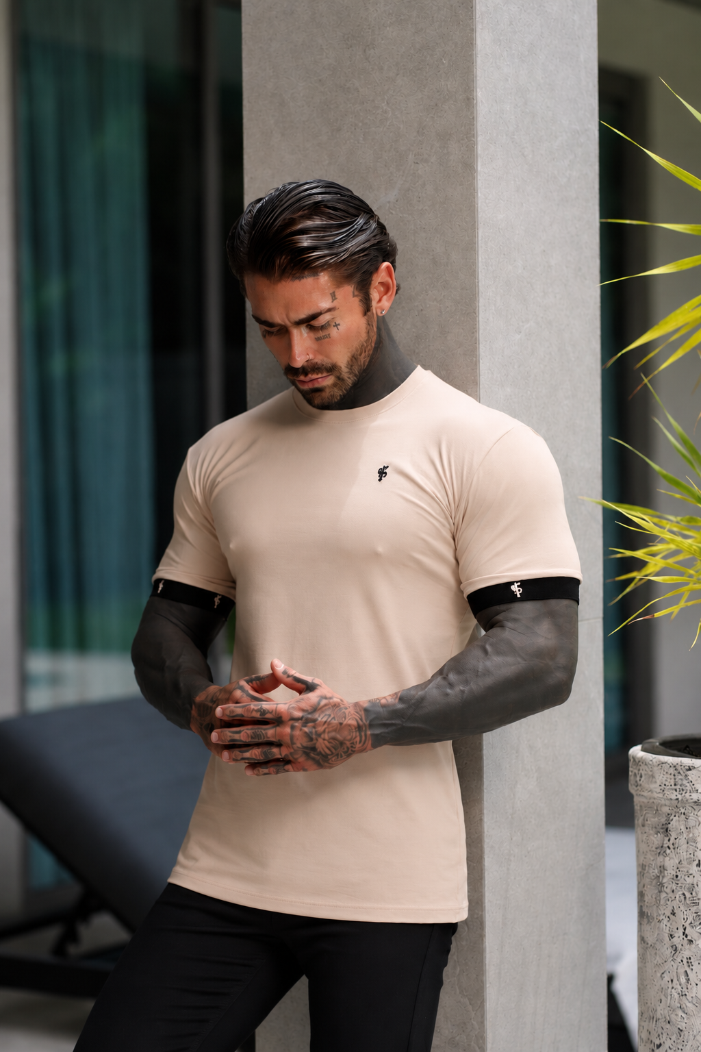 Classic Beige Crew T Shirt with FS Elastic Sleeve Branding - FSH1561