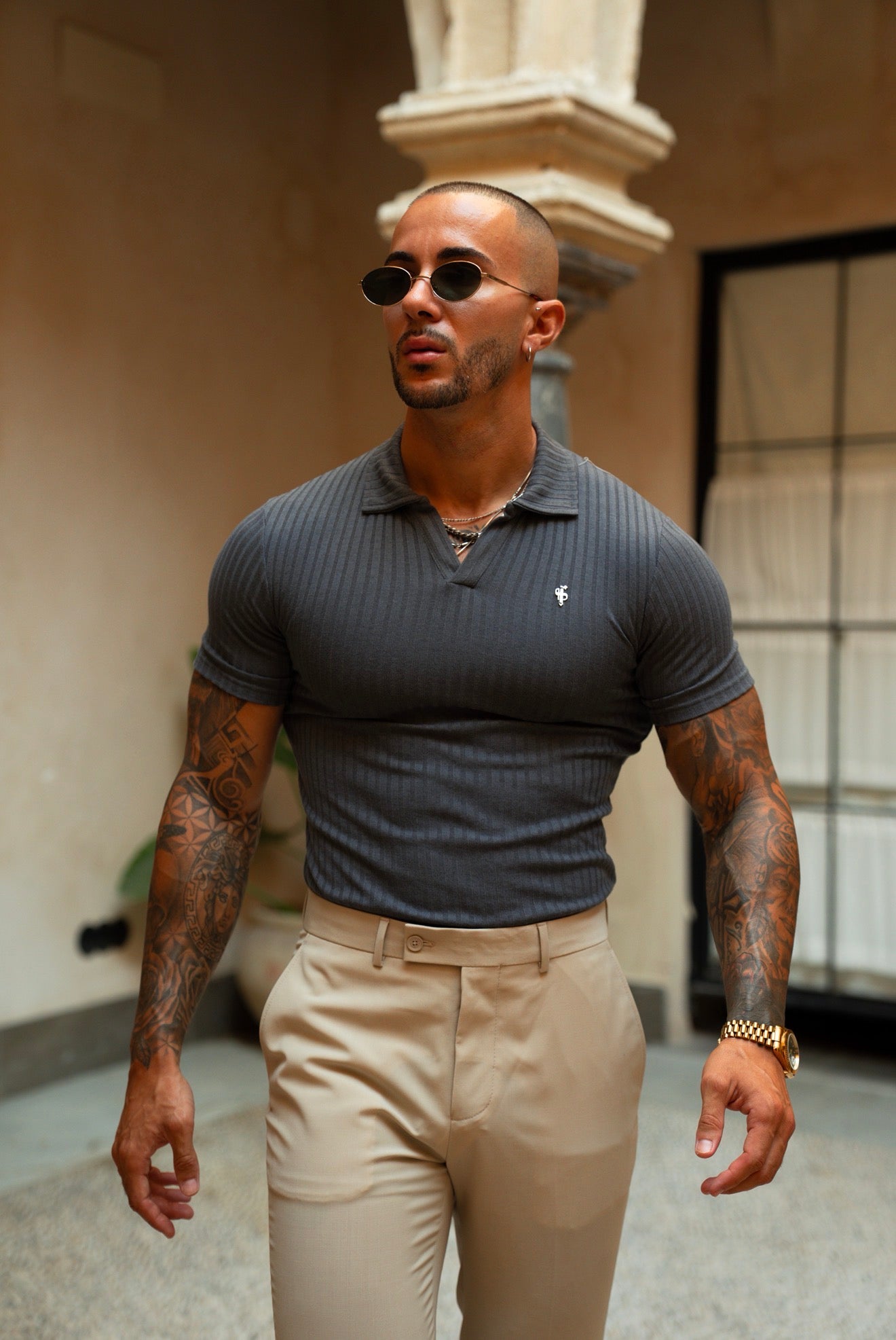Charcoal / Silver Ribbed Revere Short Sleeve Polo Shirt - FSH1463