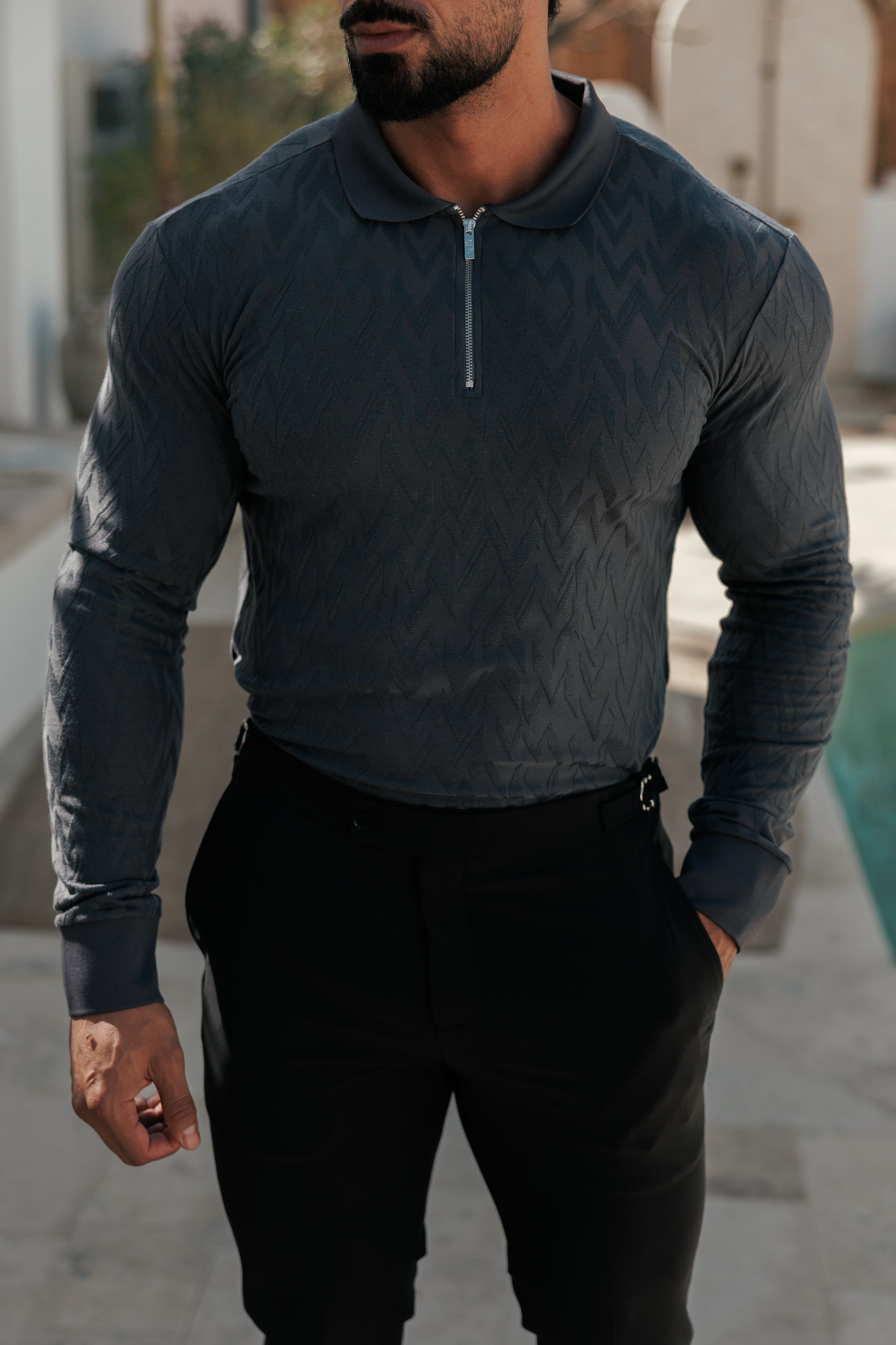 Classic Jacquard Charcoal Chevron Zipped Polo Long Sleeve - FSR044