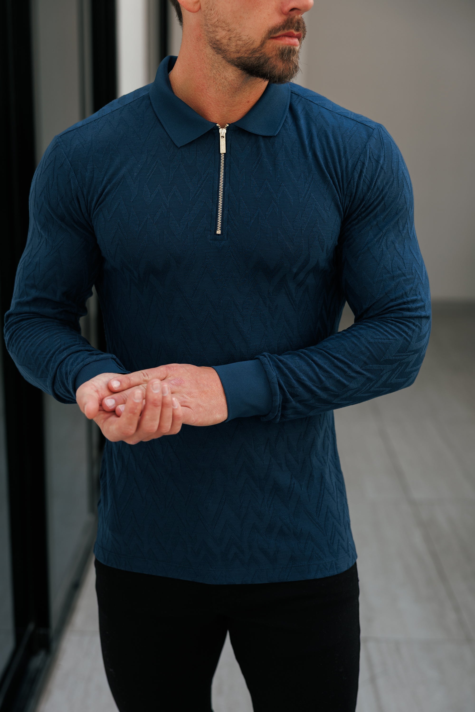 Classic Jacquard Navy Chevron Zipped Polo Long Sleeve - FSR045