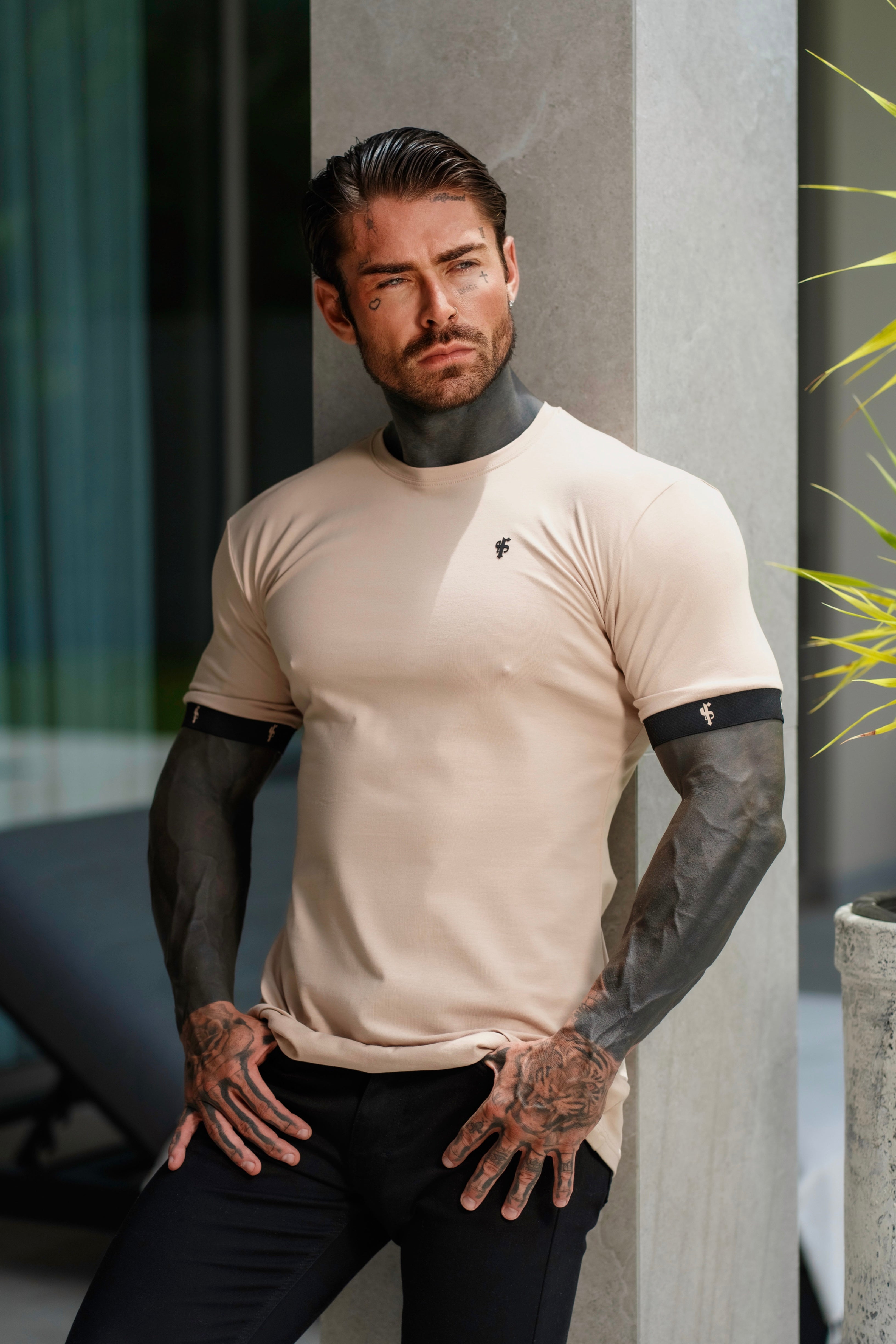 Classic Beige Crew T Shirt with FS Elastic Sleeve Branding - FSH1561