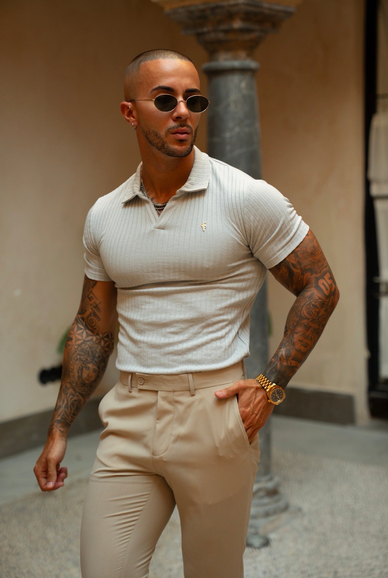 Light Grey / Silver Ribbed Revere Short Sleeve Polo Shirt - FSH1461