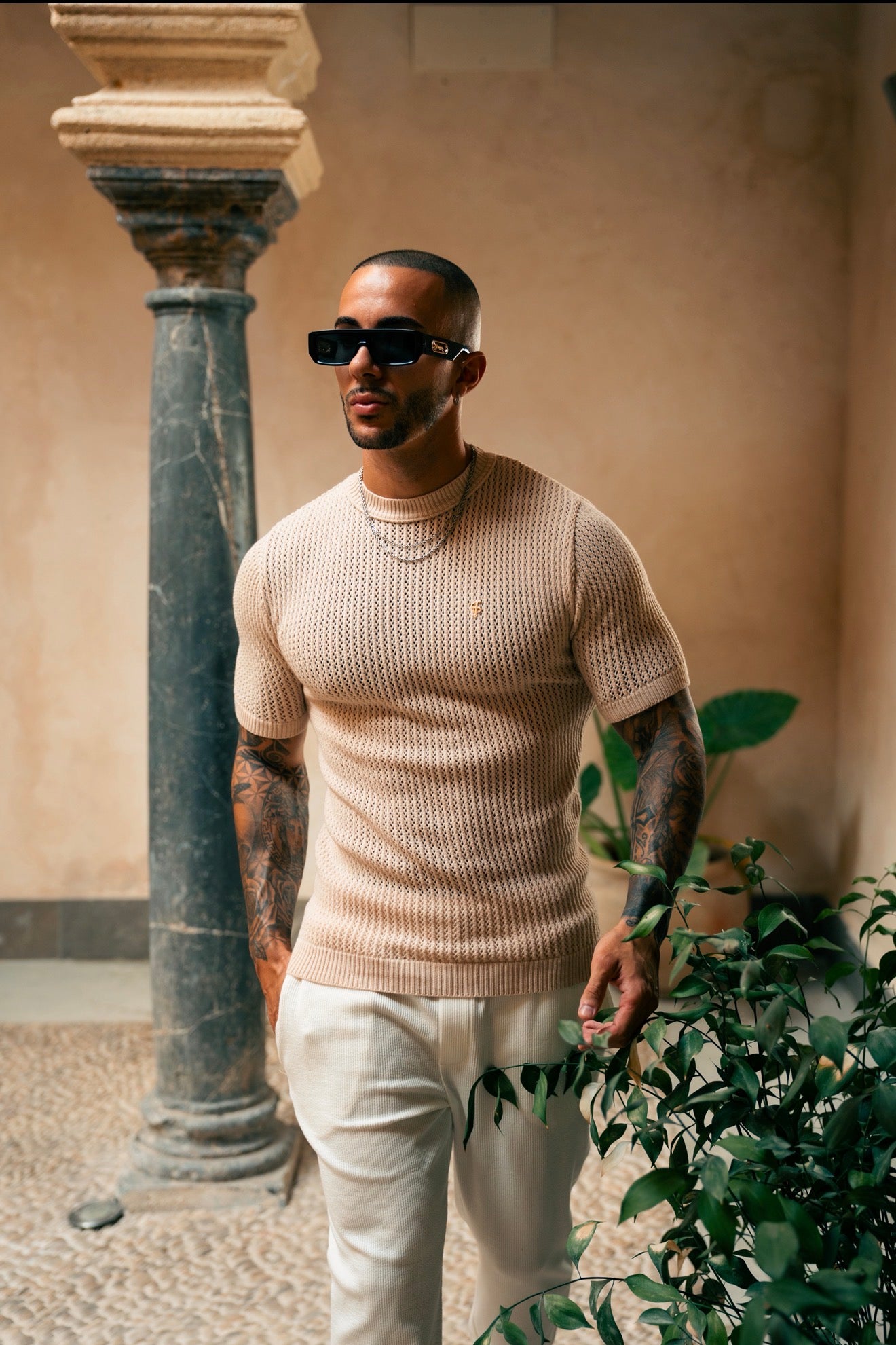 Beige Viscose Plain Knitted Short Sleeve T-Shirt - FSJ186 (PRE ORDER 12TH AUGUST)