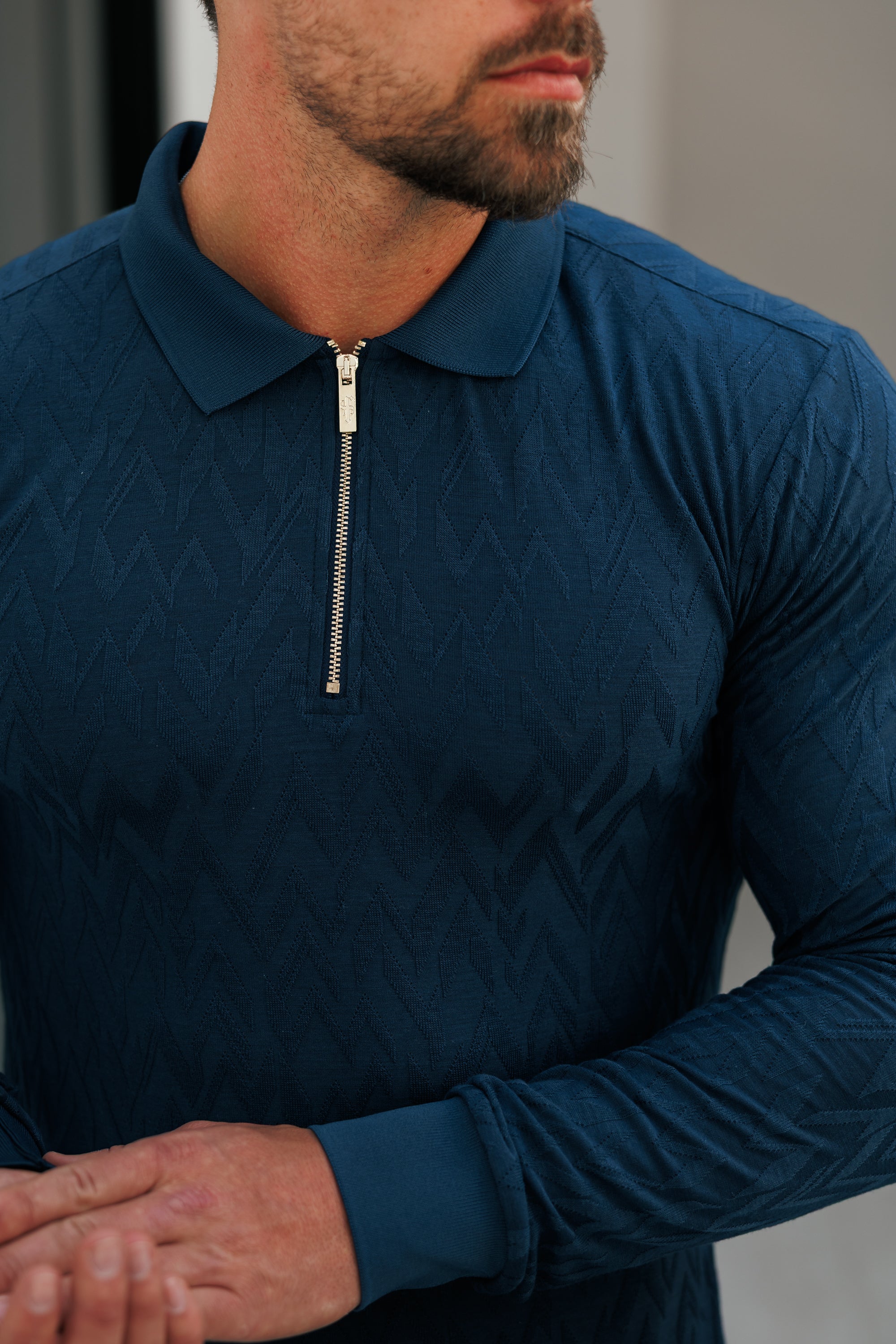 Classic Jacquard Navy Chevron Zipped Polo Long Sleeve - FSR045