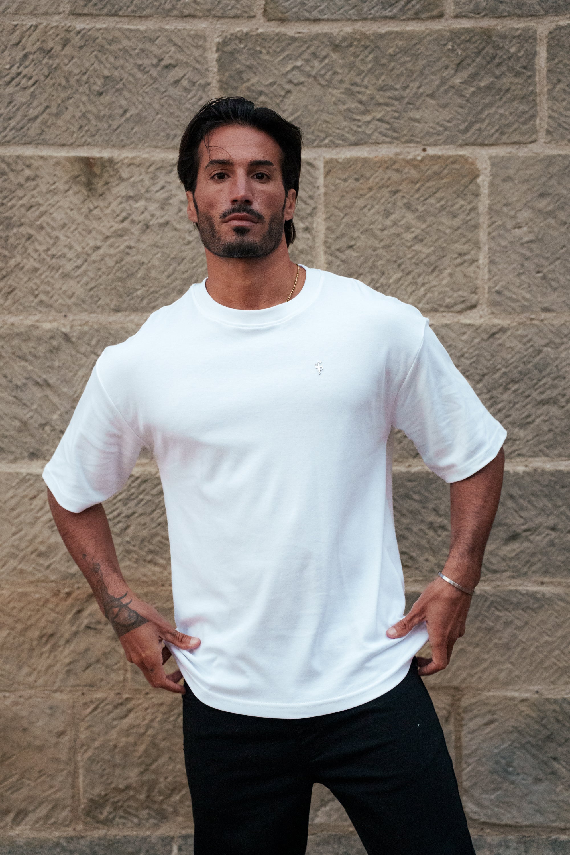 White / Silver Oversized Crew T Shirt - FSH1423