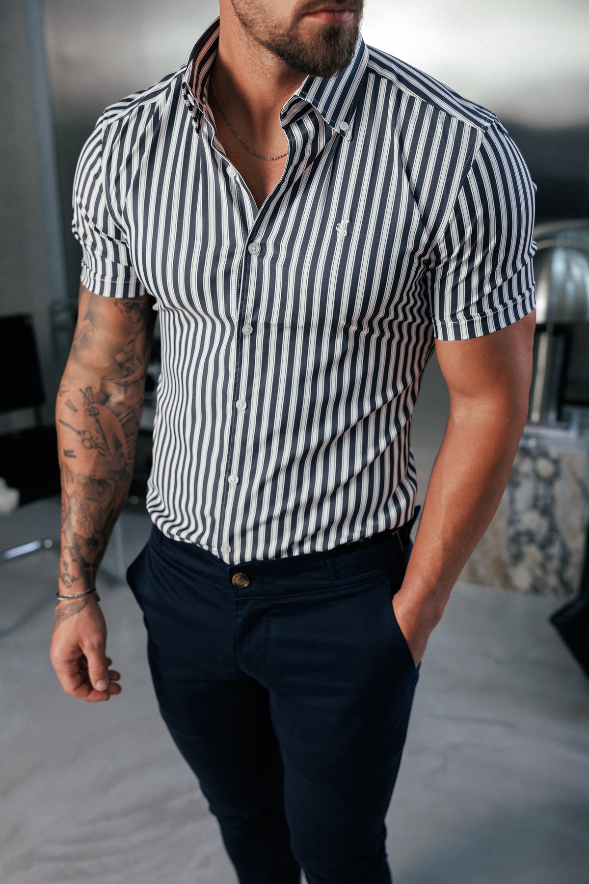 Super Slim Stretch Sateen Touch White / Navy Double Stripe Short Sleeve - FS1288