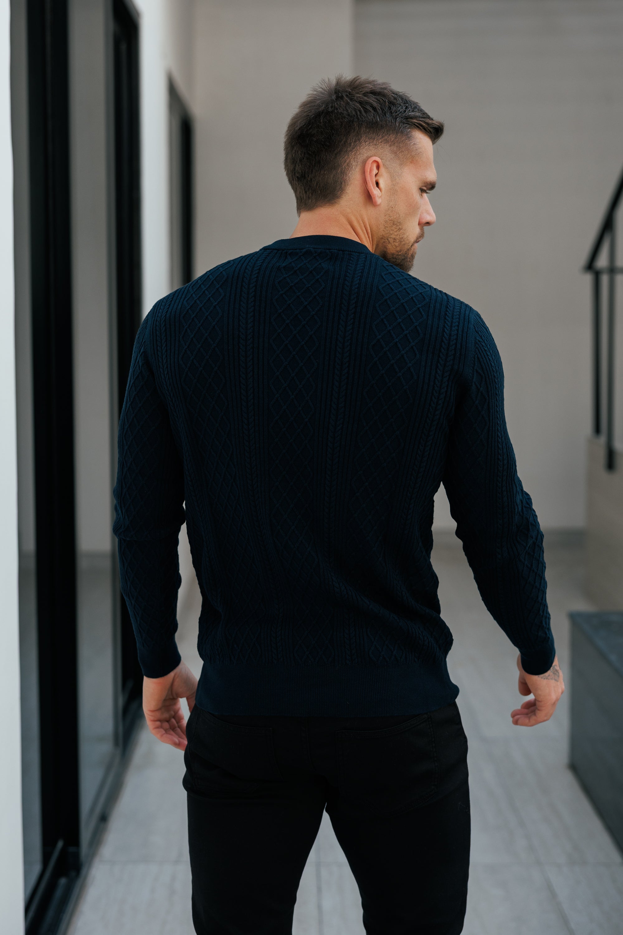 Fine Knit Diamond Navy Jumper Long Sleeve - FSA007