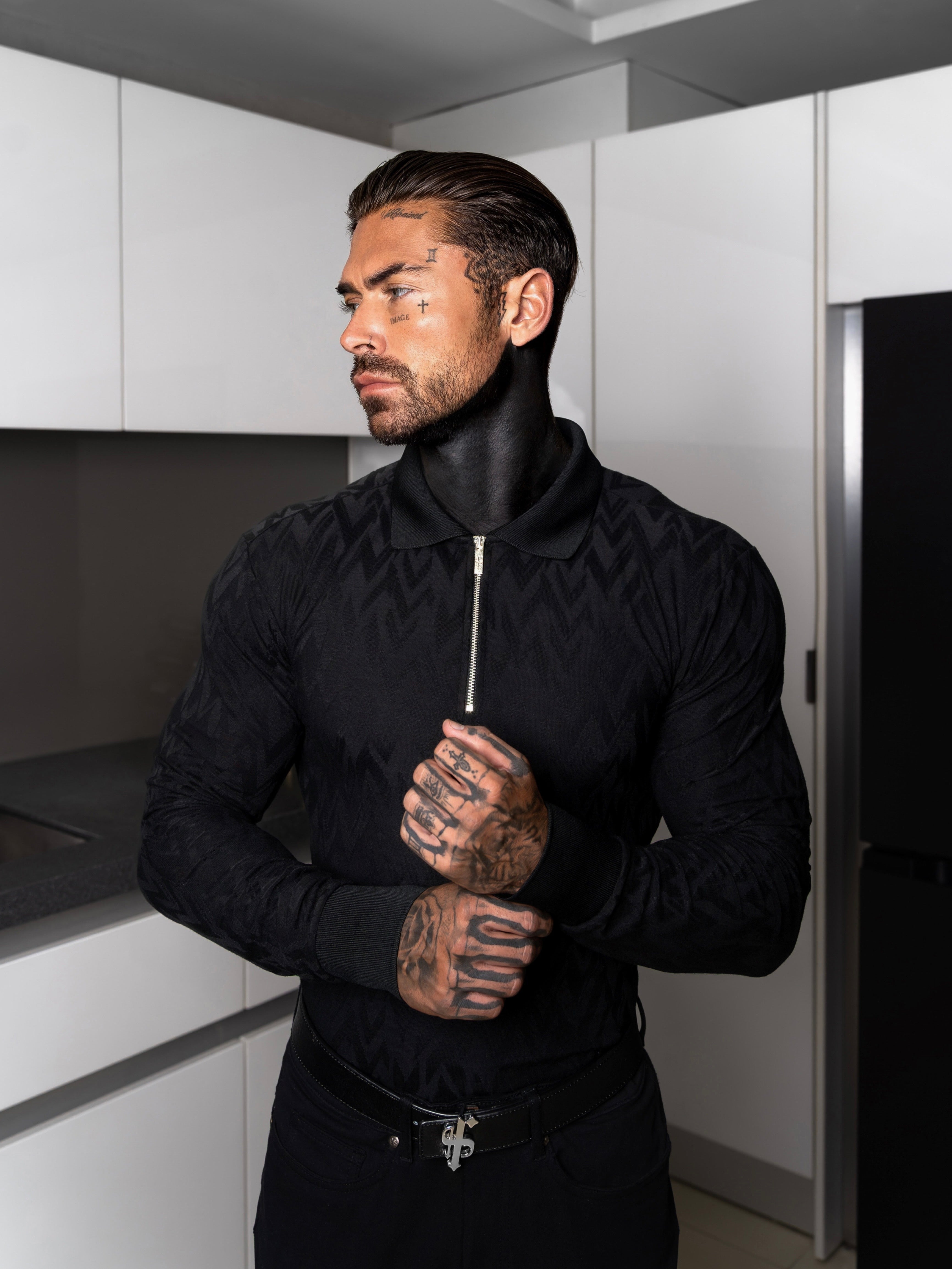 Classic Jacquard Black Chevron Zipped Polo Long Sleeve - FSR043