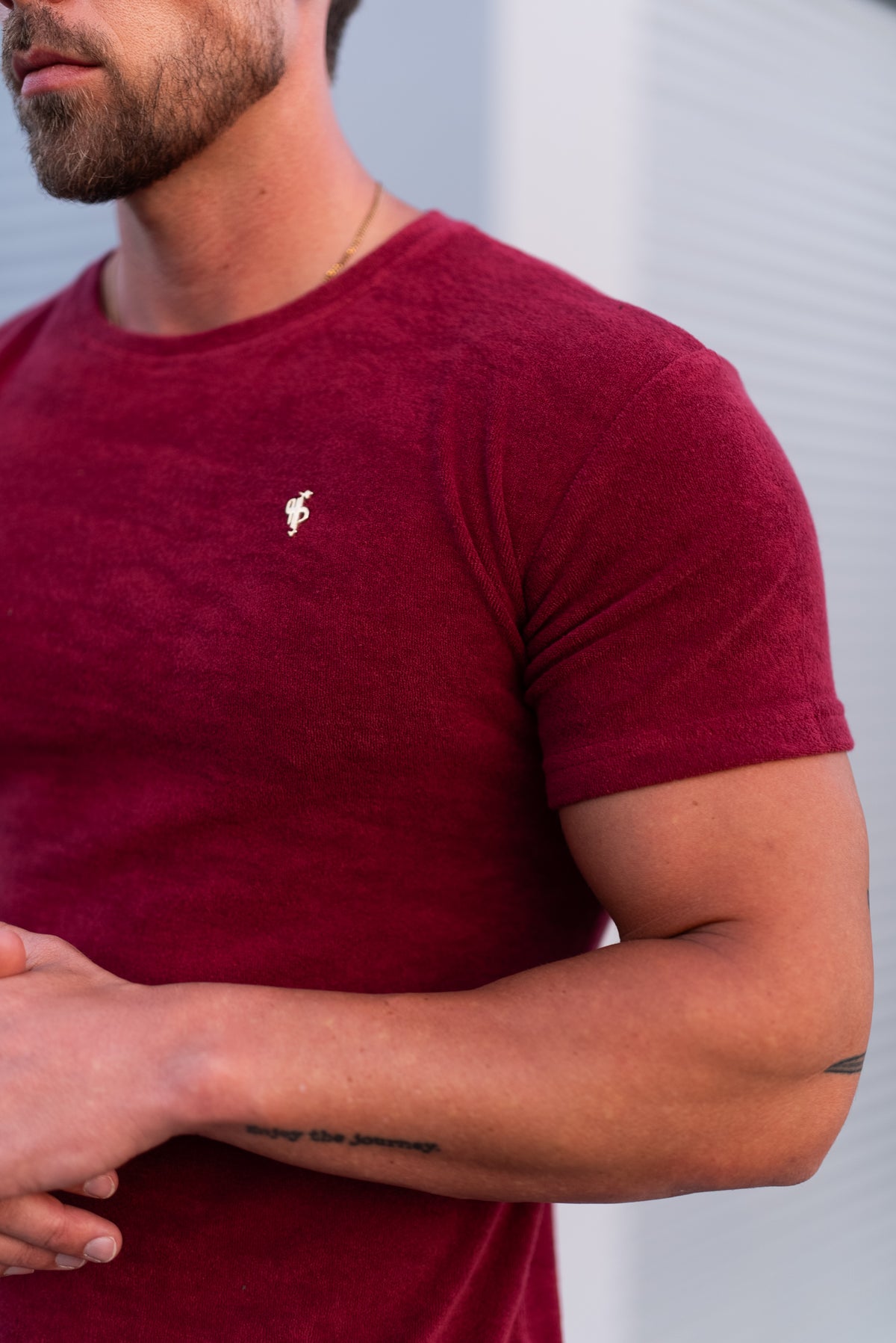 Burgundy / Gold Towelling Crew T Shirt - FSH1349 (PRE ORDER 12TH OCTOBER)