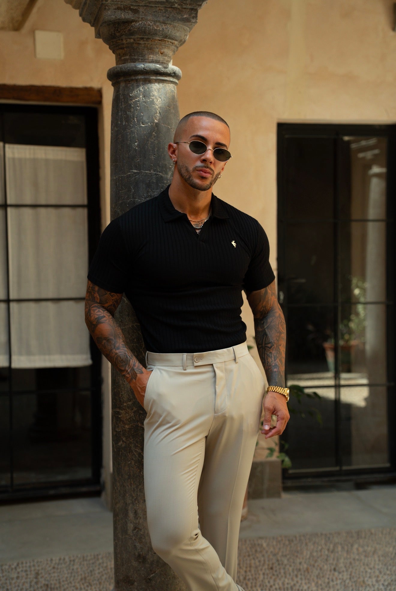 Black / Gold Ribbed Revere Short Sleeve Polo Shirt - FSH1411