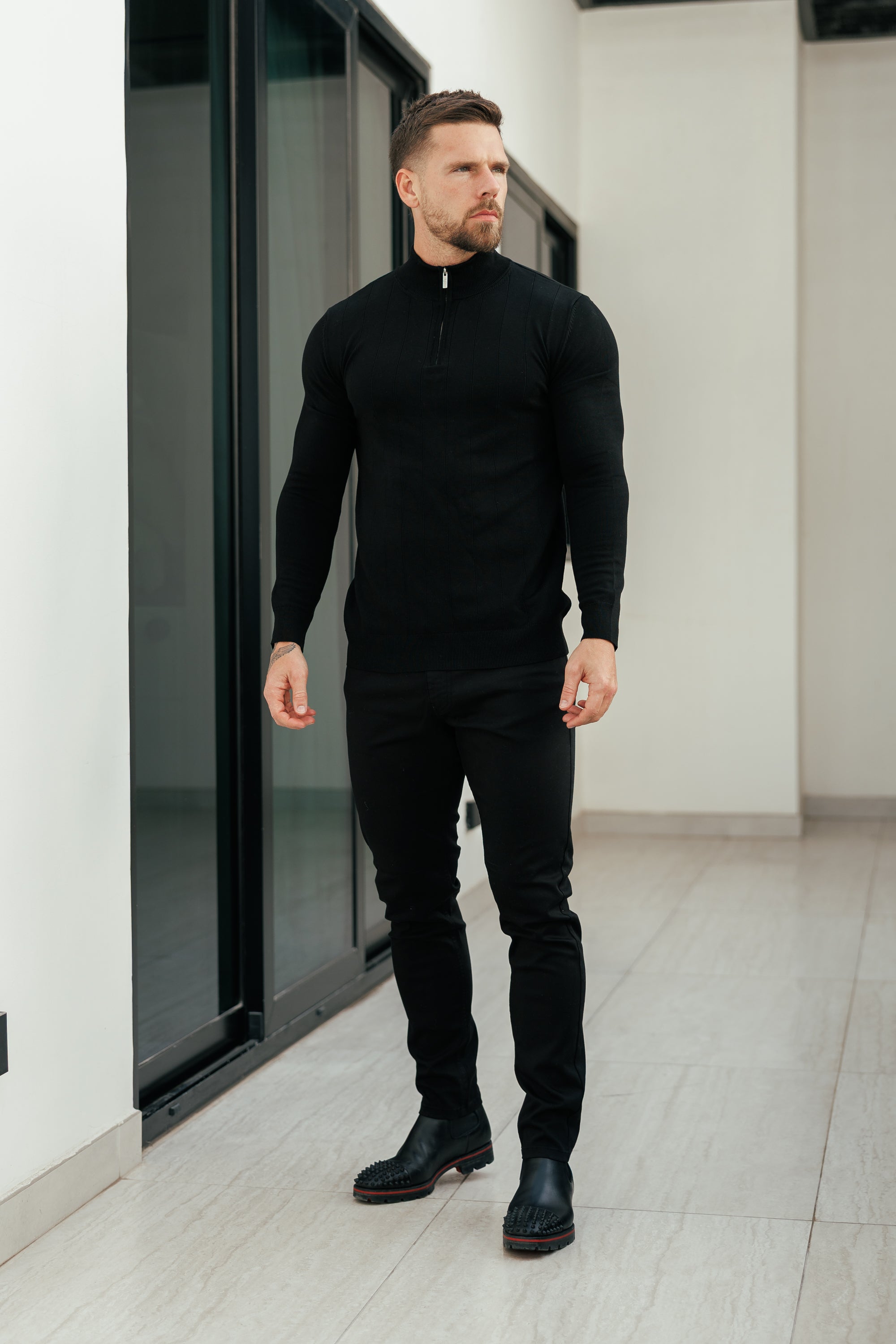 Self Stripe 1/4 Zip Funnel Neck Knit Jumper Black Long Sleeve - FSR050