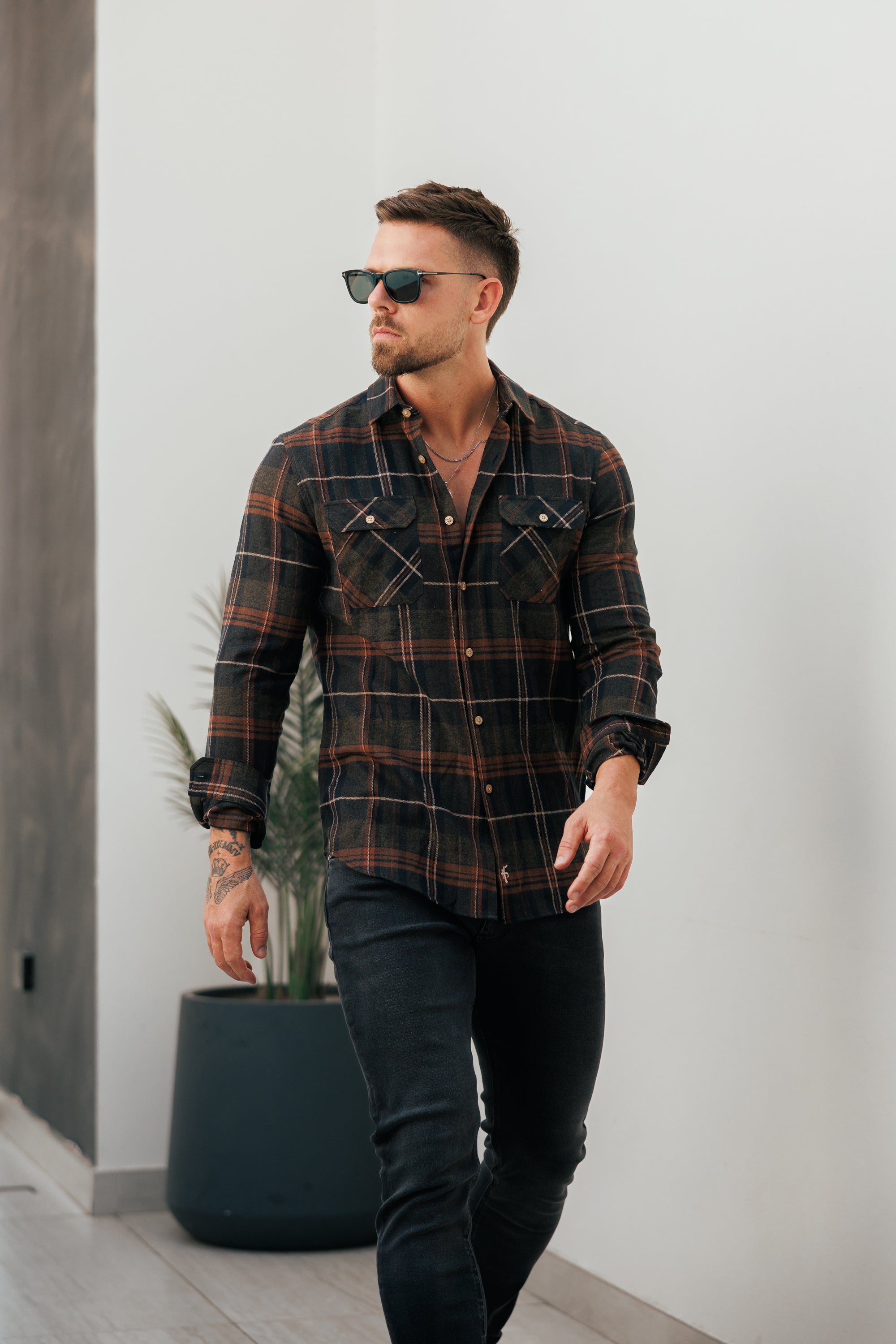Brown Check Shacket With Double Pockets - FS1196