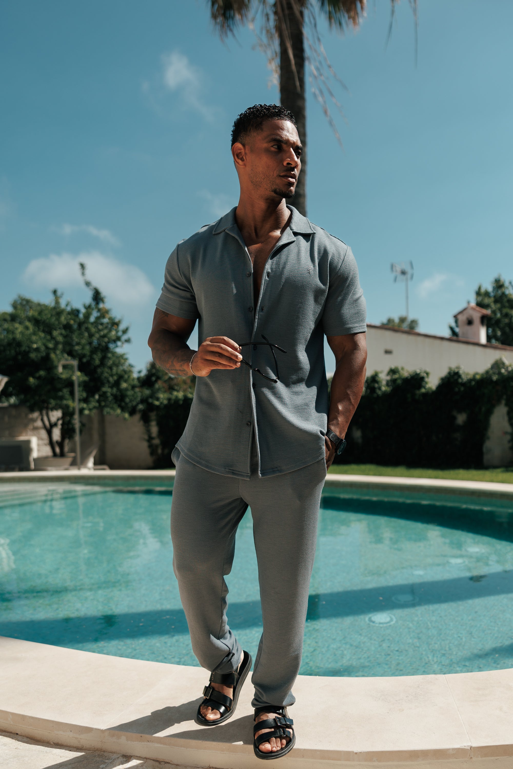 Jersey Cord Stretch Gunmetal Revere Shirt Short Sleeve - FSR076 (PRE ORDER 27TH JULY)