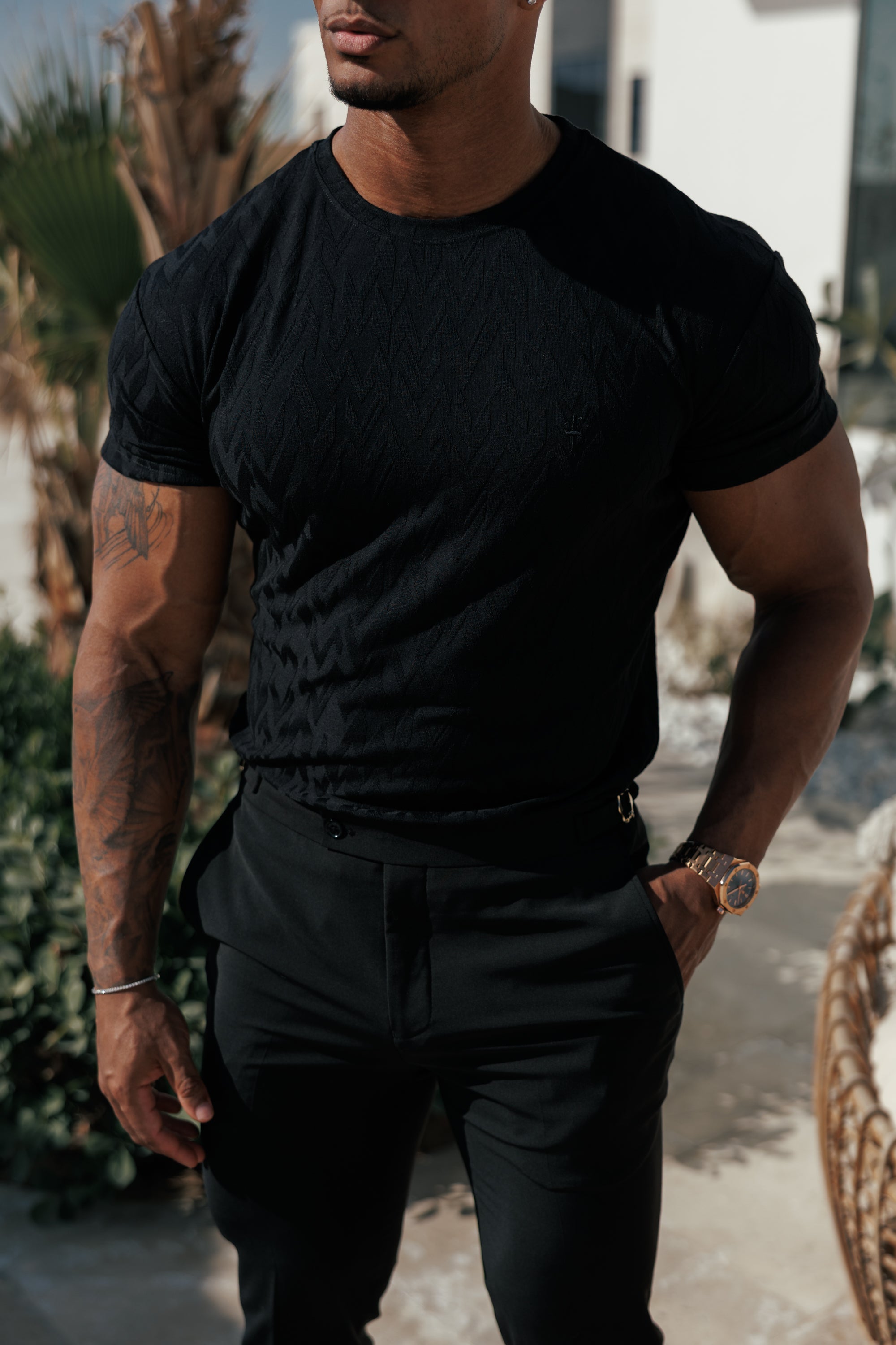 Regular Fit Jacquard Black Chevron T-Shirt - FSR046 (PRE ORDER 15TH JUNE)