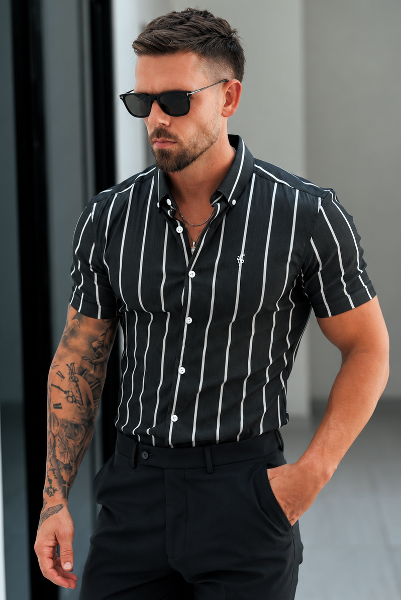Super Slim Stretch Charcoal / White Printed Wide Stripe Short Sleeve with Button Down Collar - FS1227 (PRE ORDER 20TH OCTOBER)
