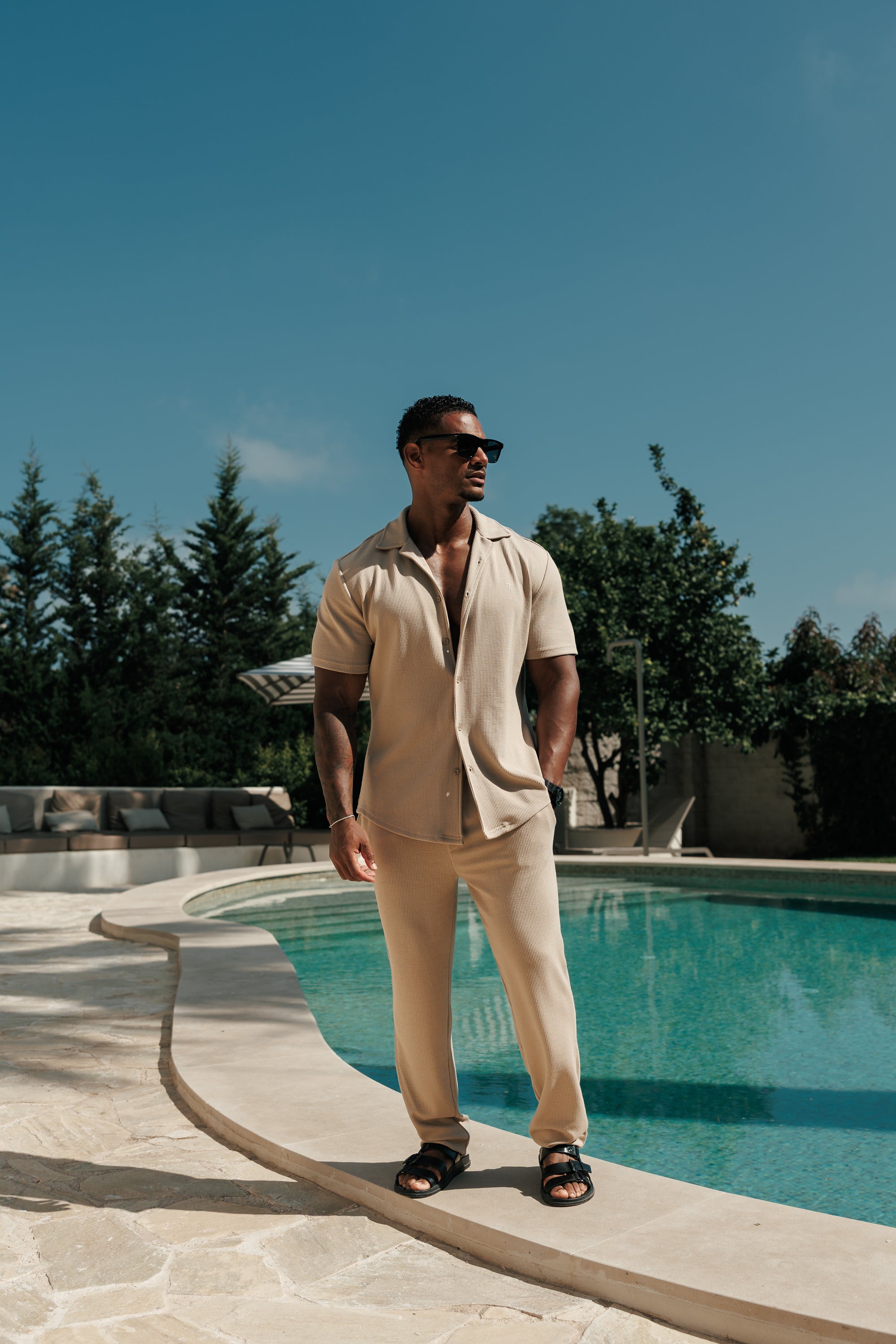 Jersey Cord Stretch Beige Revere Shirt Short Sleeve - FSR073