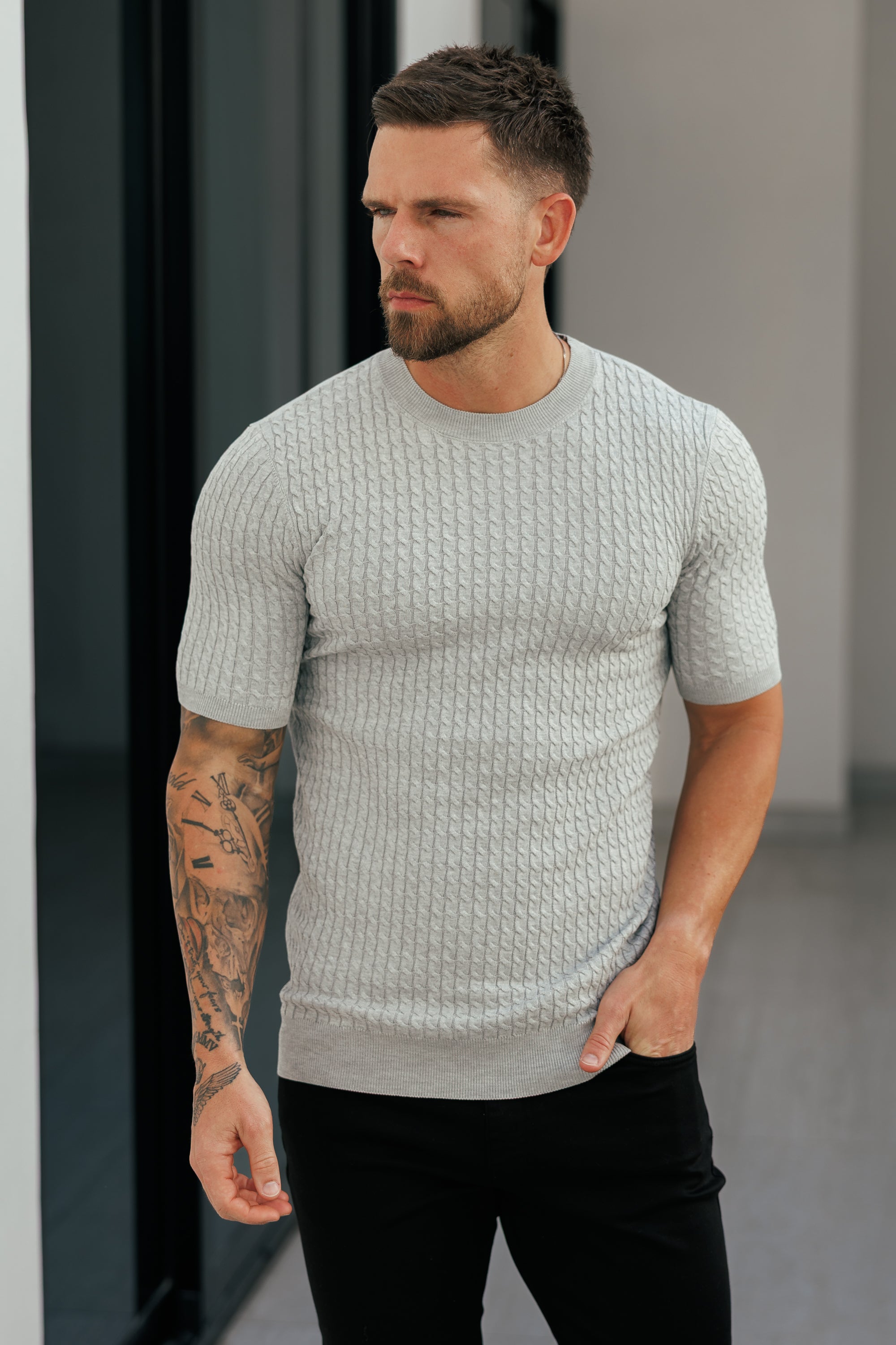 Front Chain Knit Crew Tshirt Silver Grey Short Sleeve - FSR056