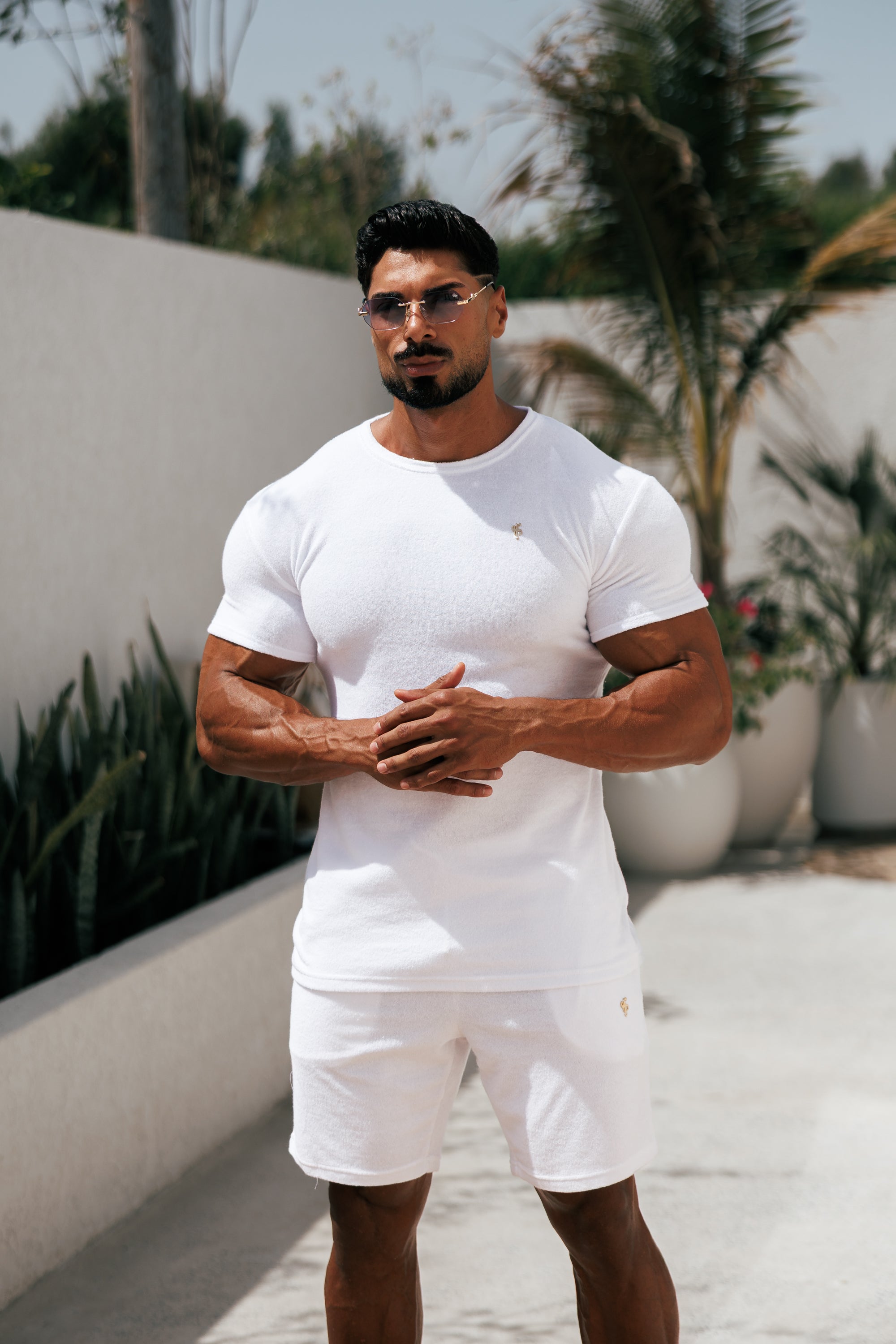 White / Gold Towelling Crew T Shirt - FSH1345 (PRE ORDER 16TH JUNE)
